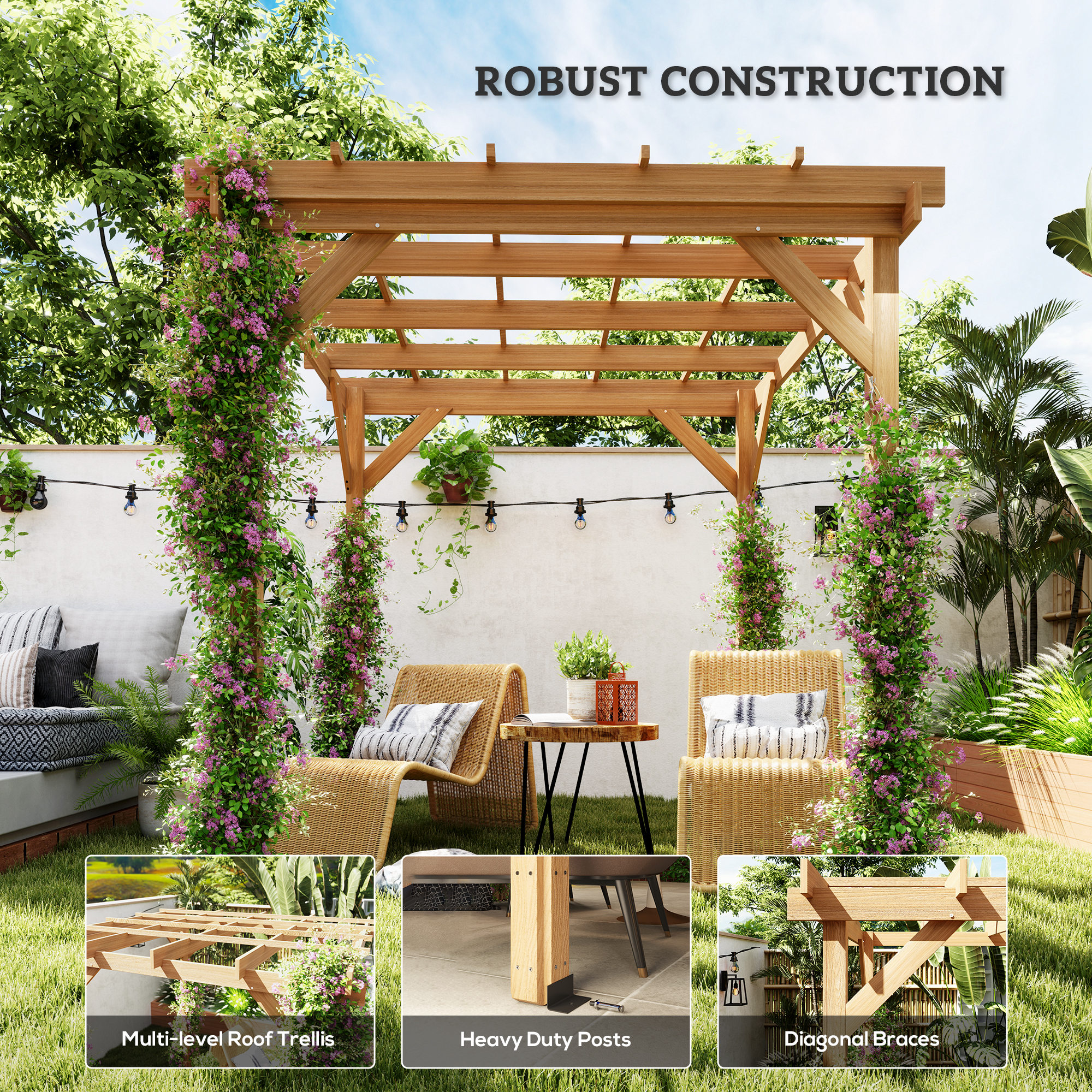6.6' x 6.6' Wood Pergola, Outdoor Gazebo Grape Trellis with Stable Structure for Climbing Plant Support, Dark Brown - Image 6