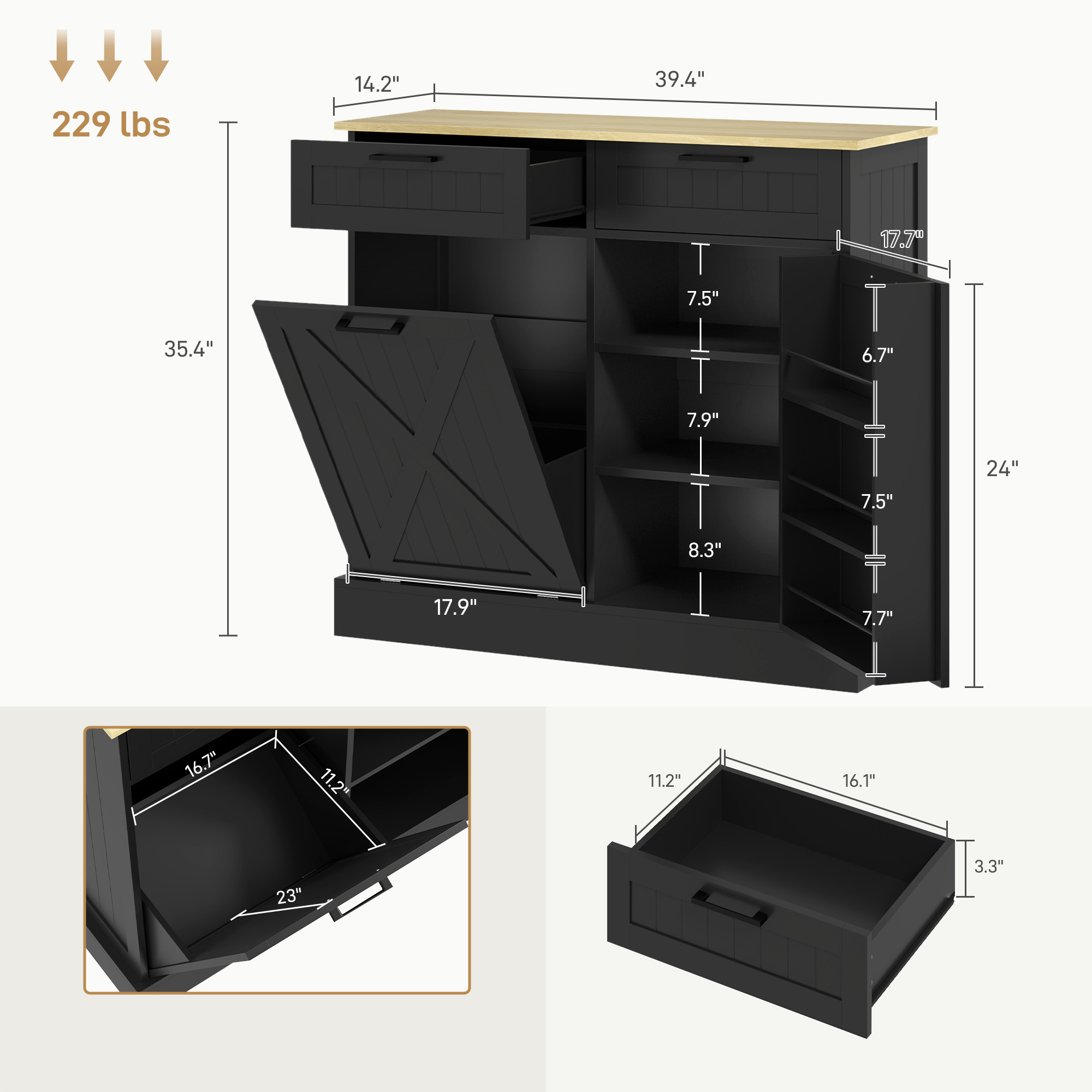 10 Gallon Farmhouse Kitchen Cabinet with Hidden Trash Can view 4