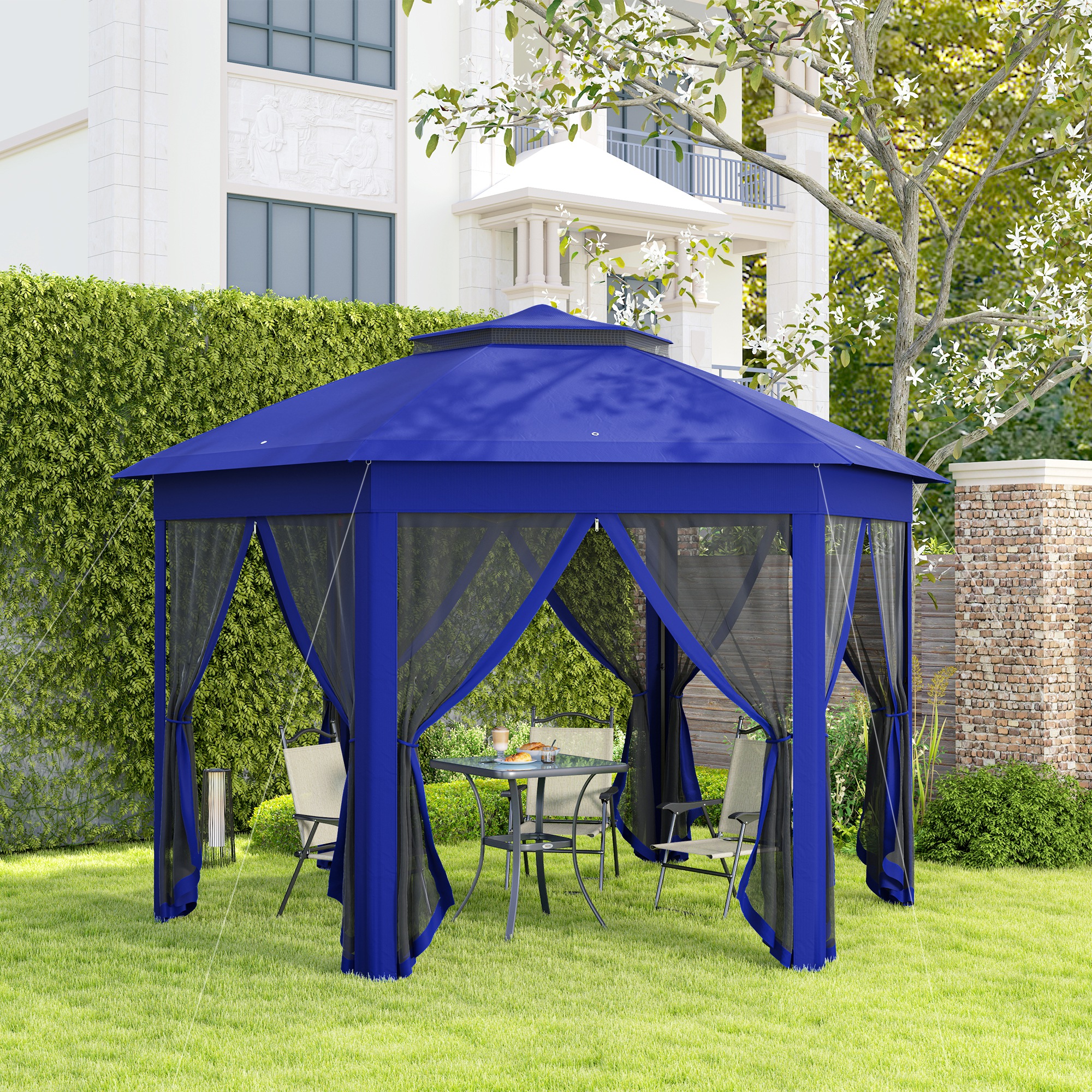 13 x 13 Pop Up Gazebo Hexagonal Canopy Shelter with 6 Zippered Mesh Netting for Patio Backyard Garden Wedding Party