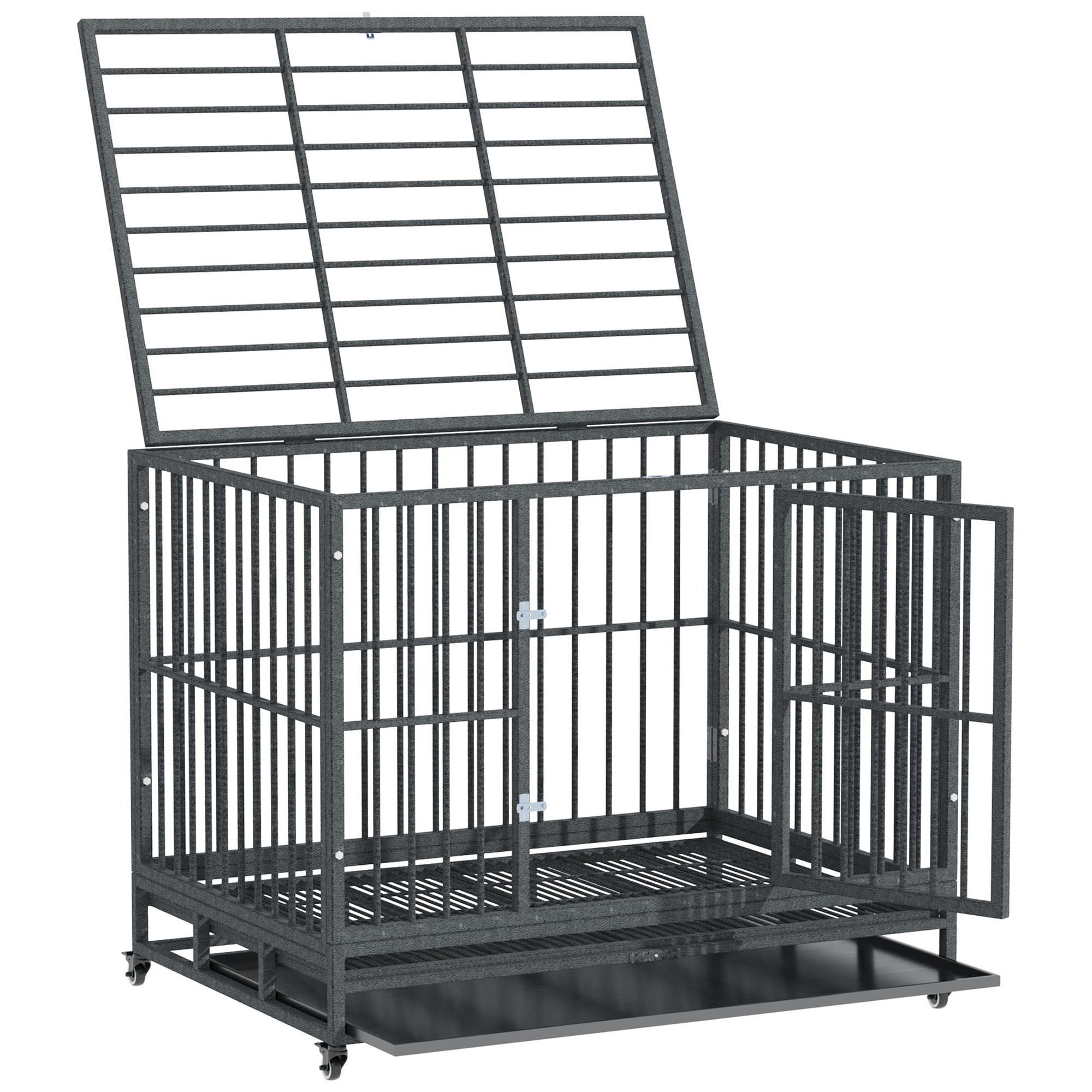  43" Heavy Duty Dog Crate Metal Cage Kennel with Lockable Wheels, Double Door and Removable Tray, Gray
