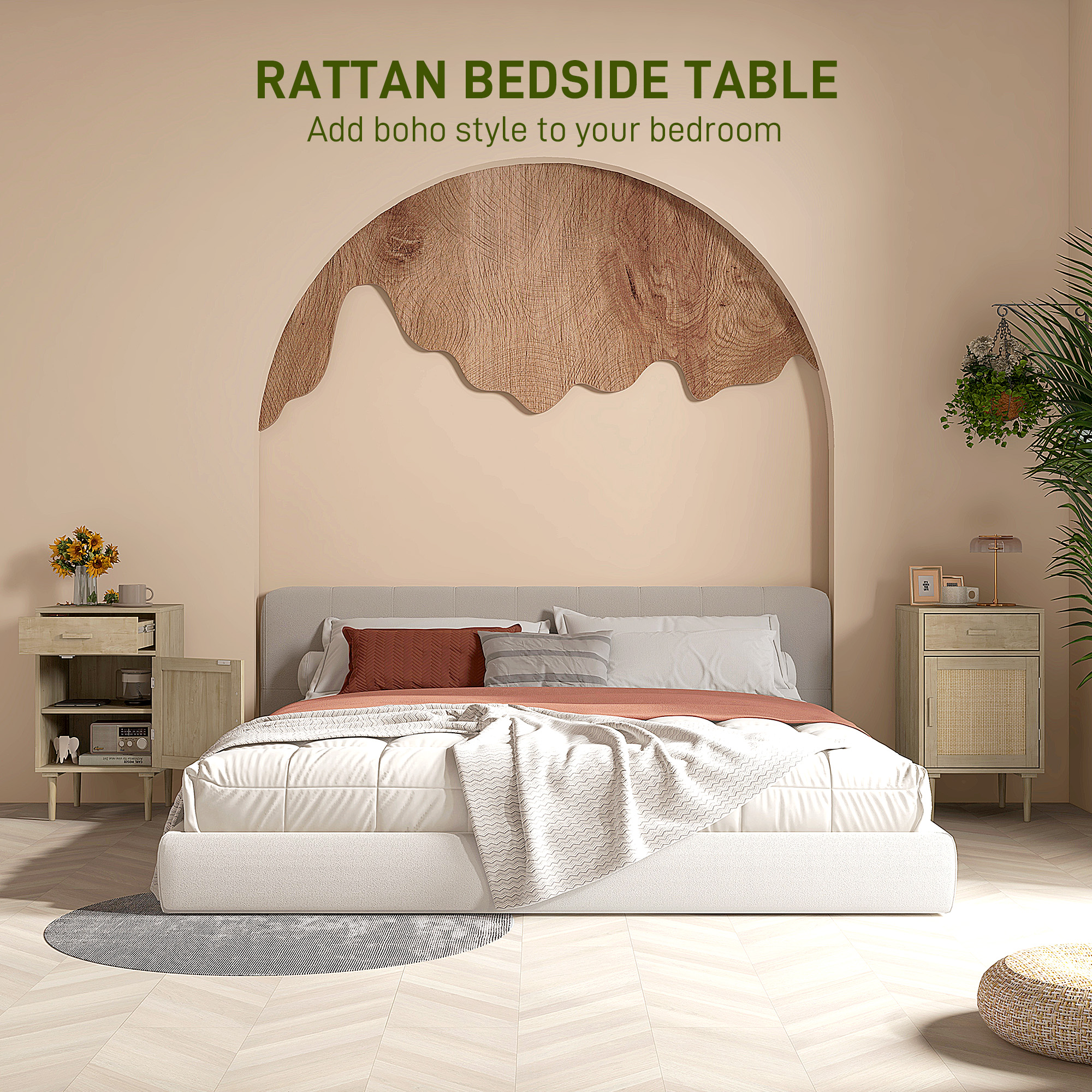 Bedside Table, Rattan Side Tables With Drawer, Cabinet And Adjustable Shelf — image 2