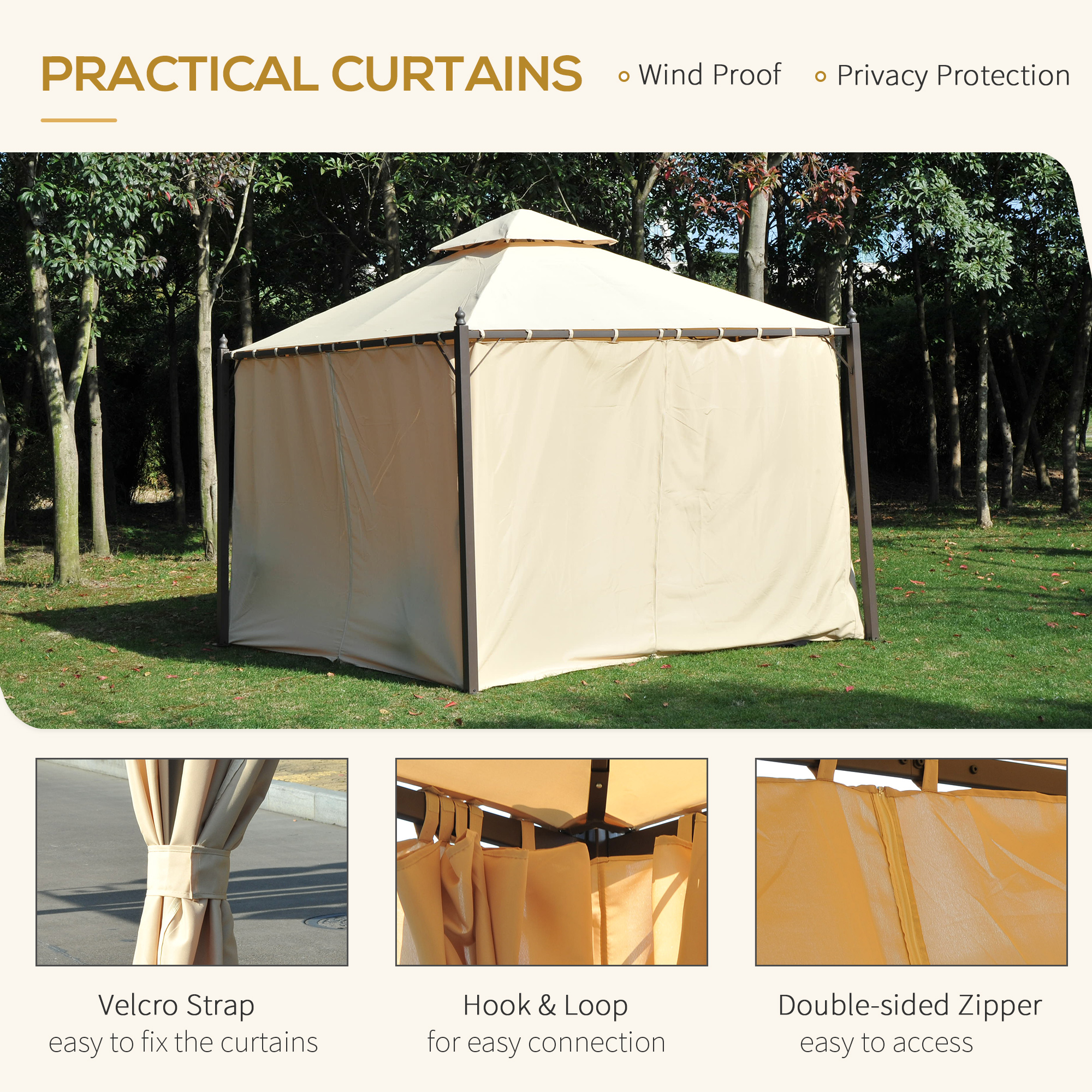 10′ x 10′ Steel Outdoor Patio Gazebo with Polyester Privacy Curtains, Two-Tier Roof for Air, Large Design