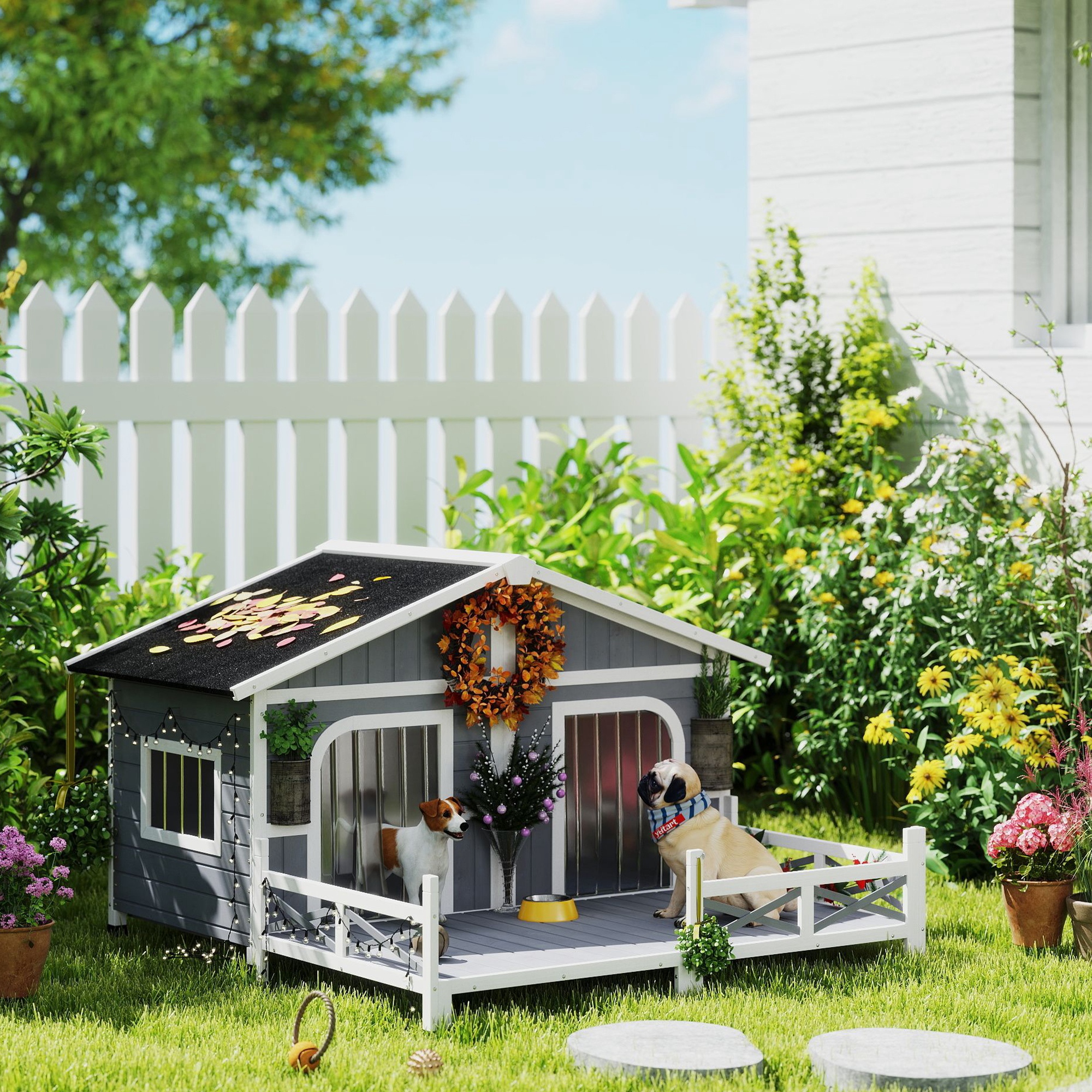  Dog House Outdoor, Wooden Dog Kennel Weatherproof with Porch, Openable Roof, Removable Bottom, Elevated Floor, Double Room for 2 Small to Medium Breeds, Gray