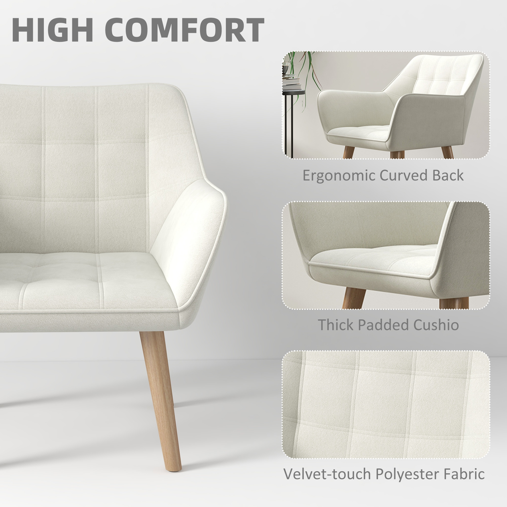 Accent Chair, Arm With Wide Arms, Slanted Back, Thick Padding And Rubber Wooden