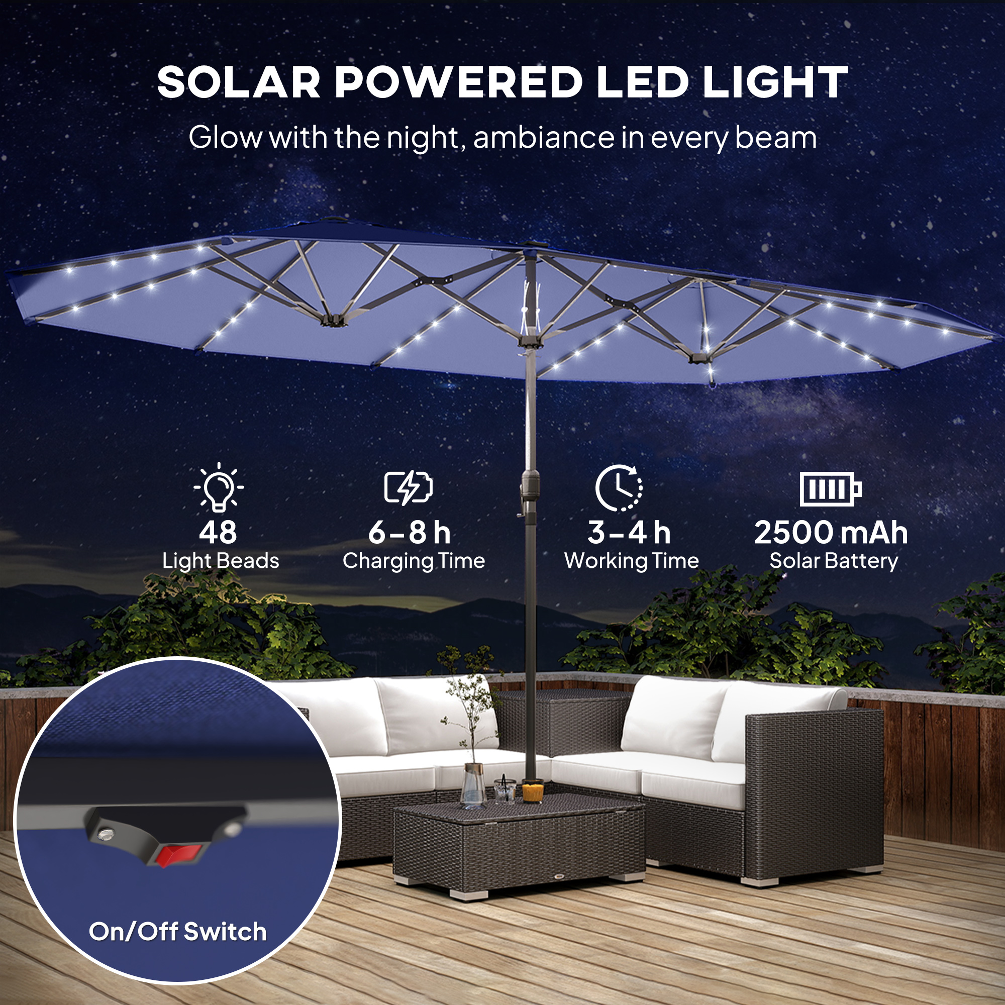 Garden Parasol, Double-Sided Sun Umbrella with LED Solar Lights, Patio Parasol for Outdoor, Navy Blue