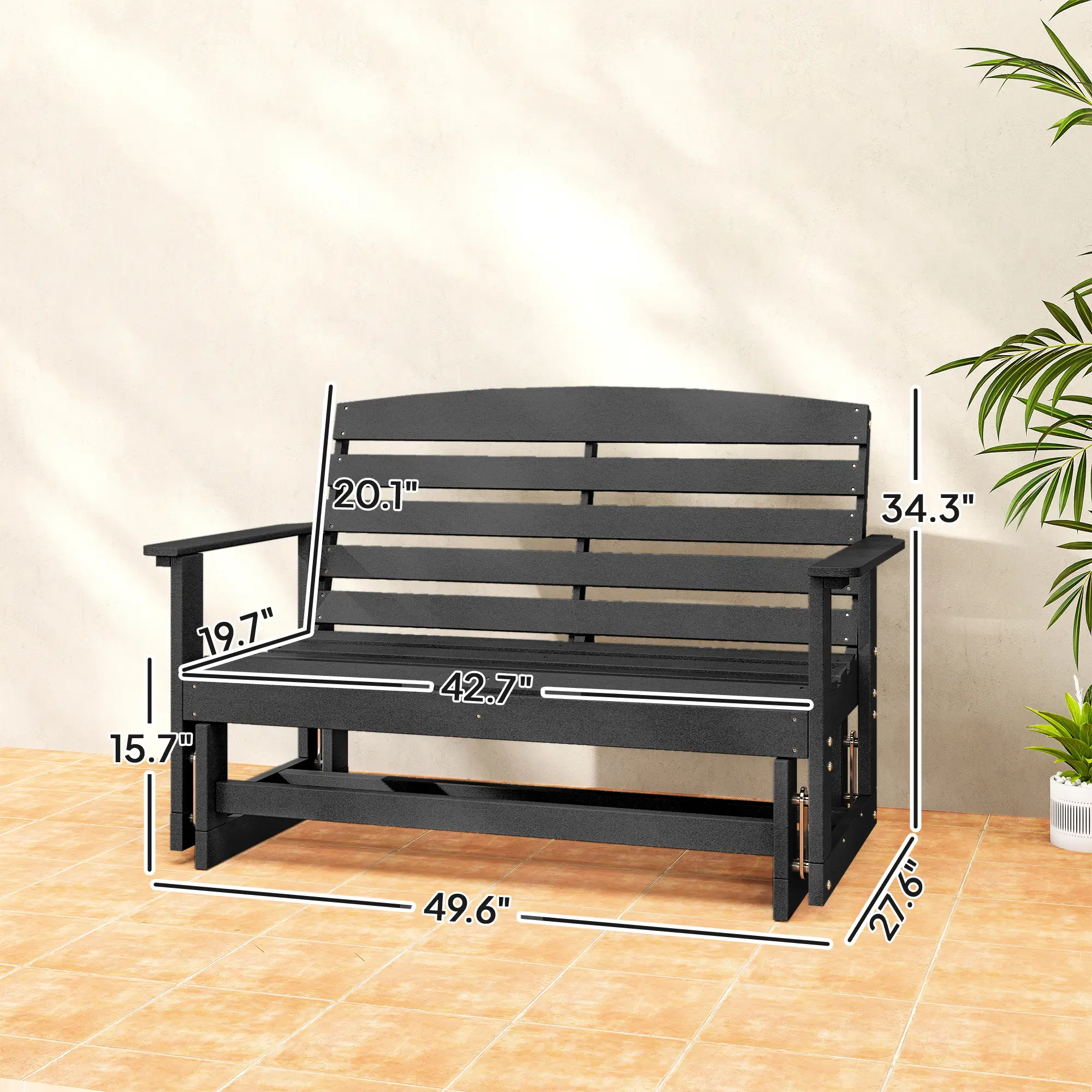 Patio Glider Bench w/ HDPE Slatted Double Rocking Chair, Black