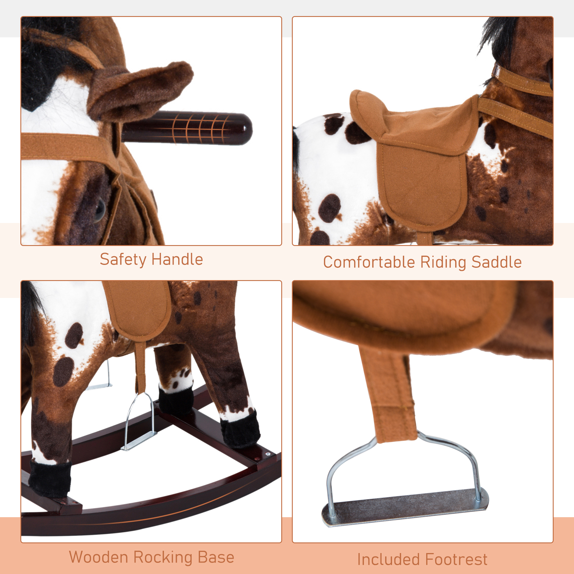 Kids Wooden Plush Ride-On Rocking Horse Chair Toy with Realistic Sounds Dark Brown/White image 6