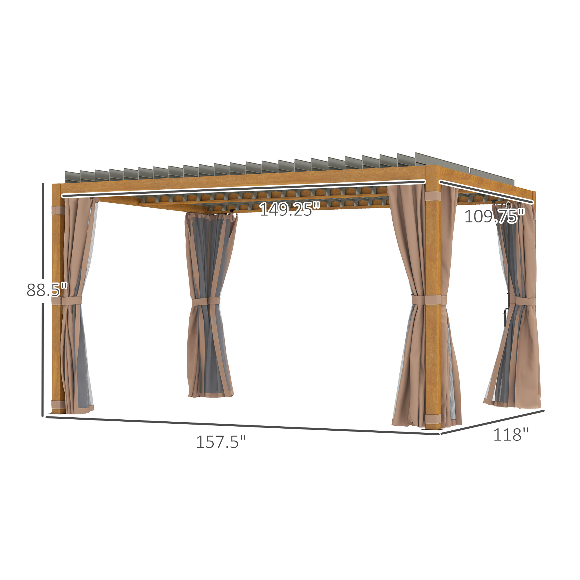 10′ x 13′ Outdoor Retractable Pergola w/ Sun Shade Louvered Top, Pergola w/ Canopy, Curtains, Netting, Natural Wood