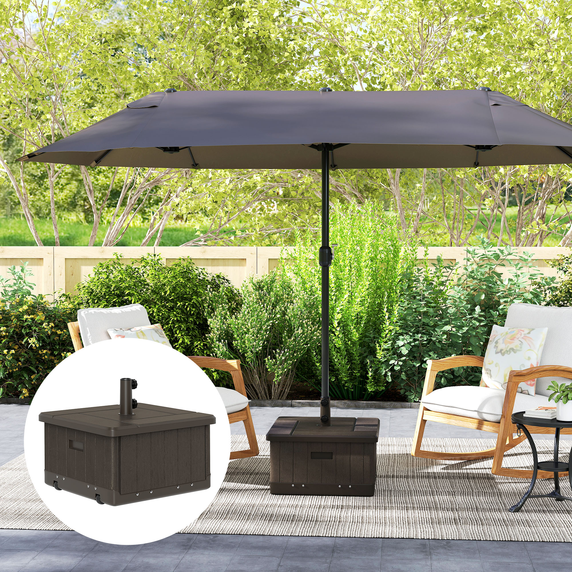 3-in-1 Outdoor Umbrella Base with Wheels and Handles, End Table, Flower Box Planter with Hole, 175 lbs. Capacity, Brown - Image 6