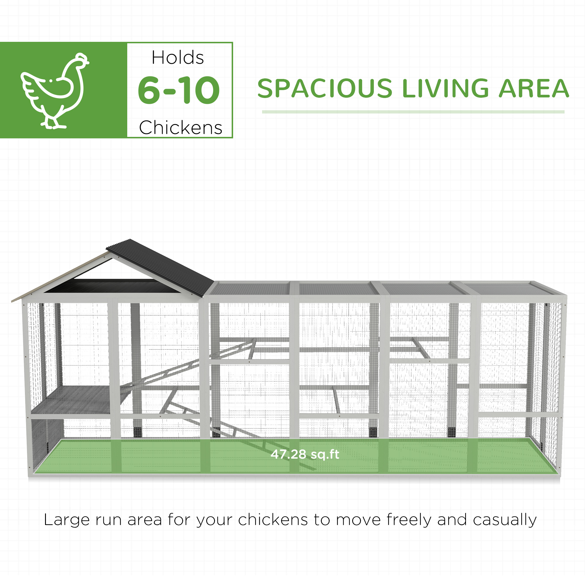  Wooden Chicken Coop Run for 6 - 10 Chickens, Hen House Add-On with Storage, Perches, 141.75" x 48" x 61", Gray