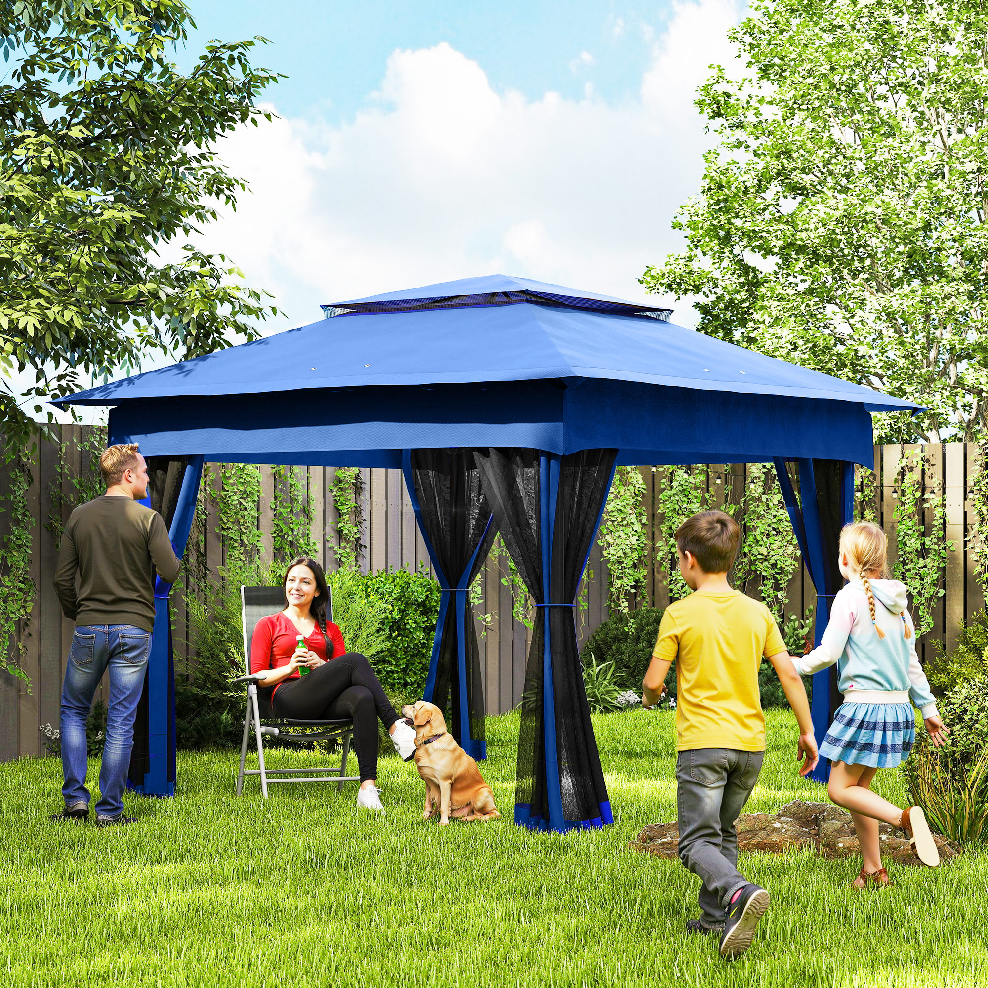 Outdoor Patio Pop Up Canopy Gazebo Shelter with Zipper Netting, Carry Bag, 11 x 11, Blue