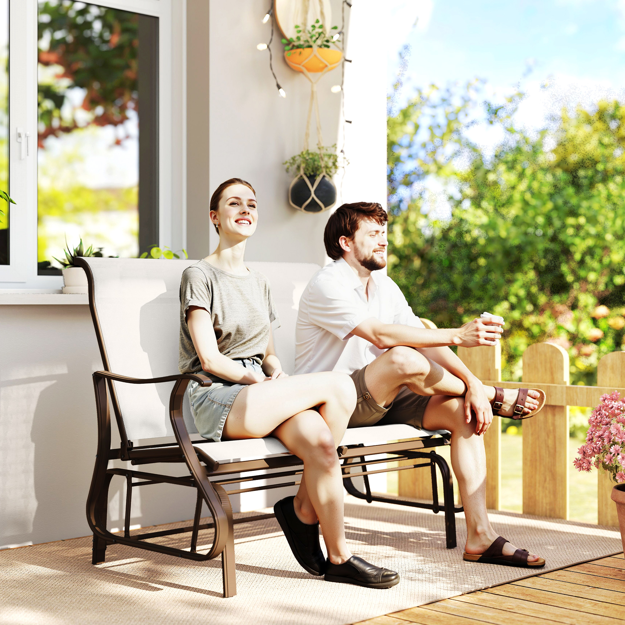 2-Person Outdoor Glider Bench, Patio Glider Loveseat Chair with Powder Coated Steel Frame, 2 Seats Porch Rocking Glider for Backyard, Lawn and Garden, Cream White