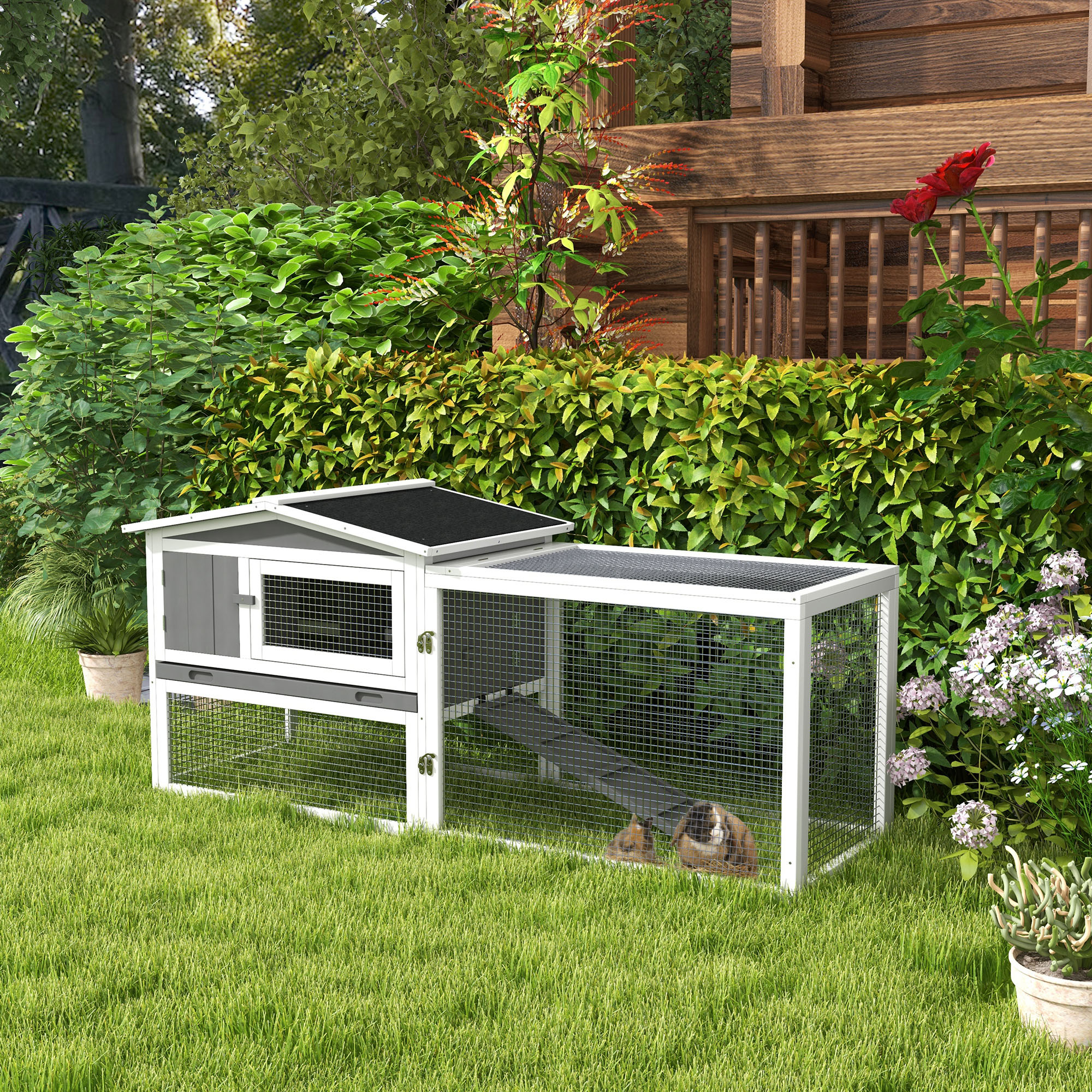  Rabbit Hutch 2-Story Bunny Cage, Guinea Pig Cage Indoor Outdoor, Small Animal House with Slide Out Tray, for Rabbits, Chickens, Ducks, 61.5" x 23" x 27", Light Gray
