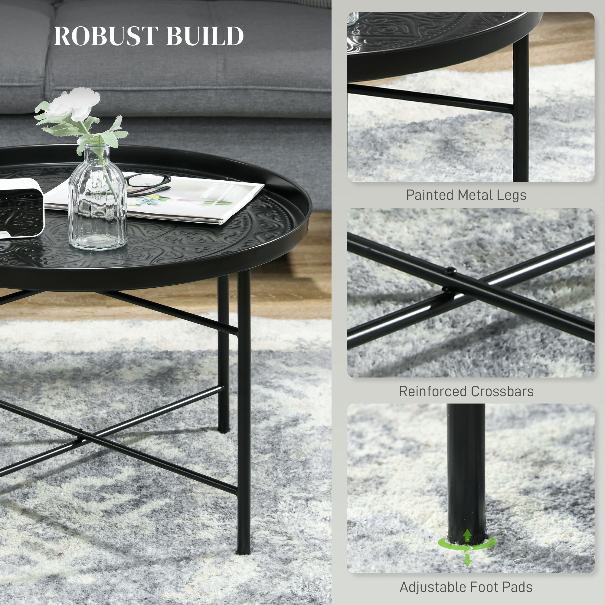 Coffee Table for Living Room, 24" Round Center Table with Hammered Tray Top and Metal Frame for Bedroom… image 4