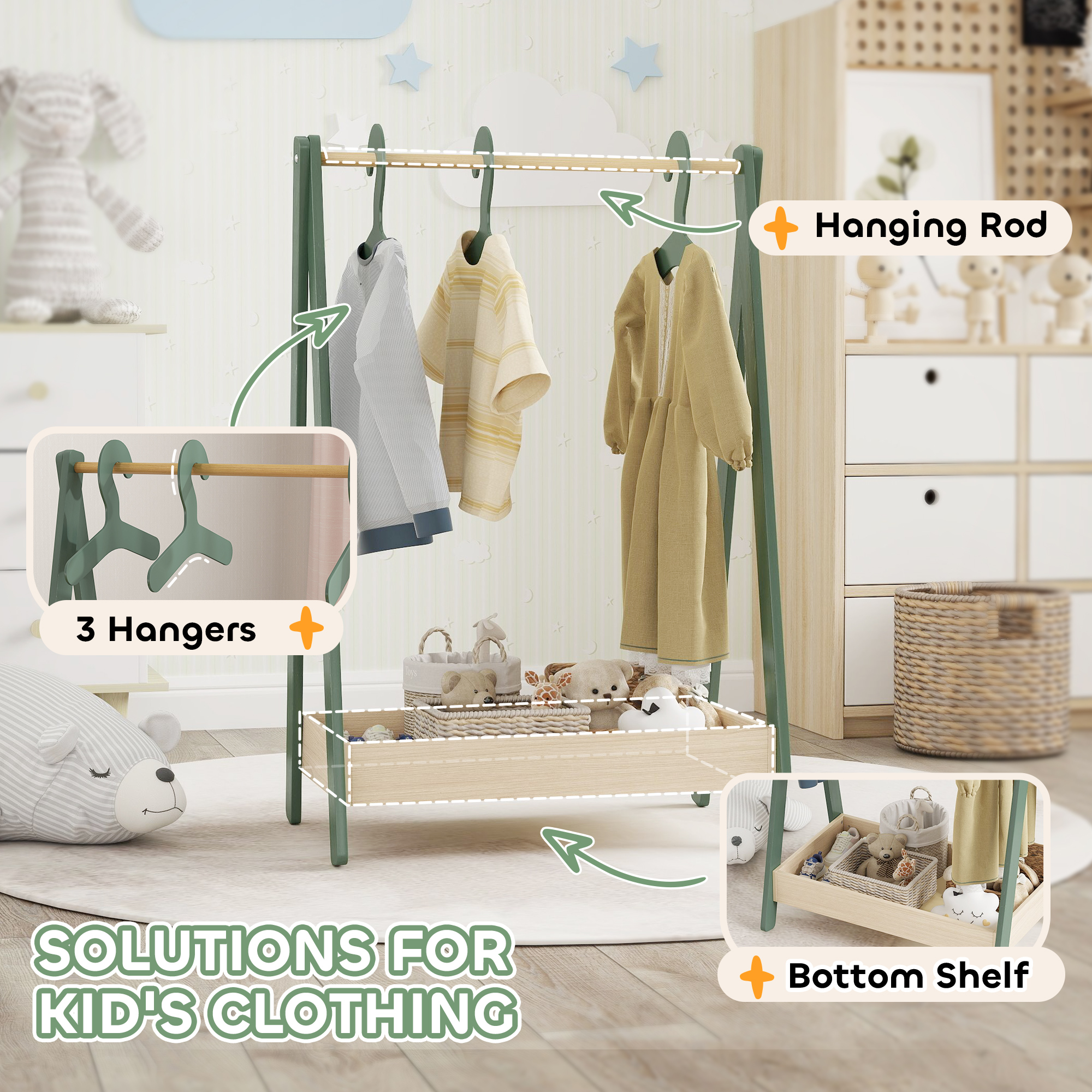 Kids Clothes Rail With 3Hangers, Bottom Storage Shelf For Girls, Boys, Nursery — image 5