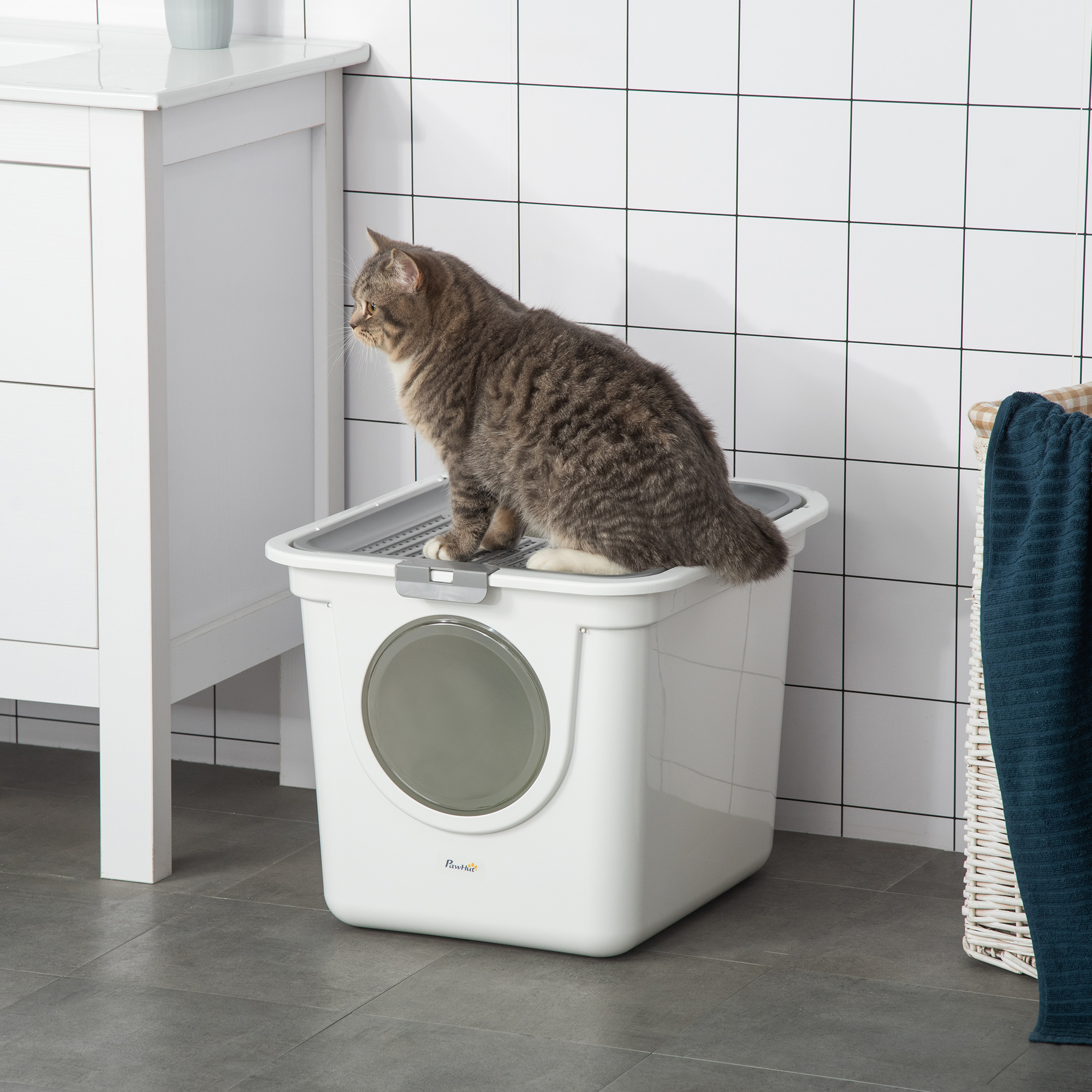Covered Cat Litter Box with Front Entrance, Top Exit & Scoop, White