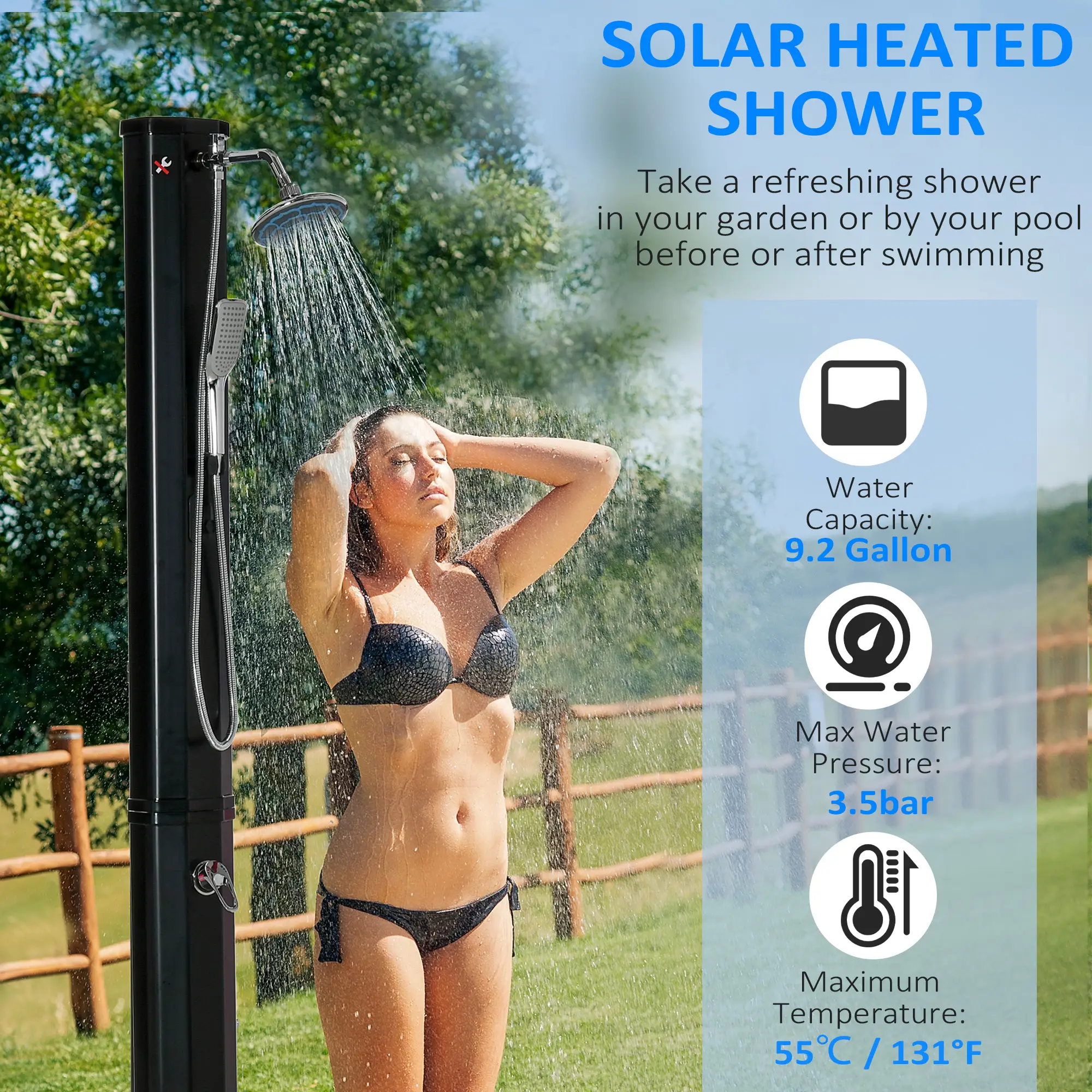 7 Outdoor Solar Heated Shower with 360 Rotating Rainfall & Handheld Shower Head, Foot Shower Faucet, Temperature and Pressure Adjustable, Holds 9.2 Gallons for