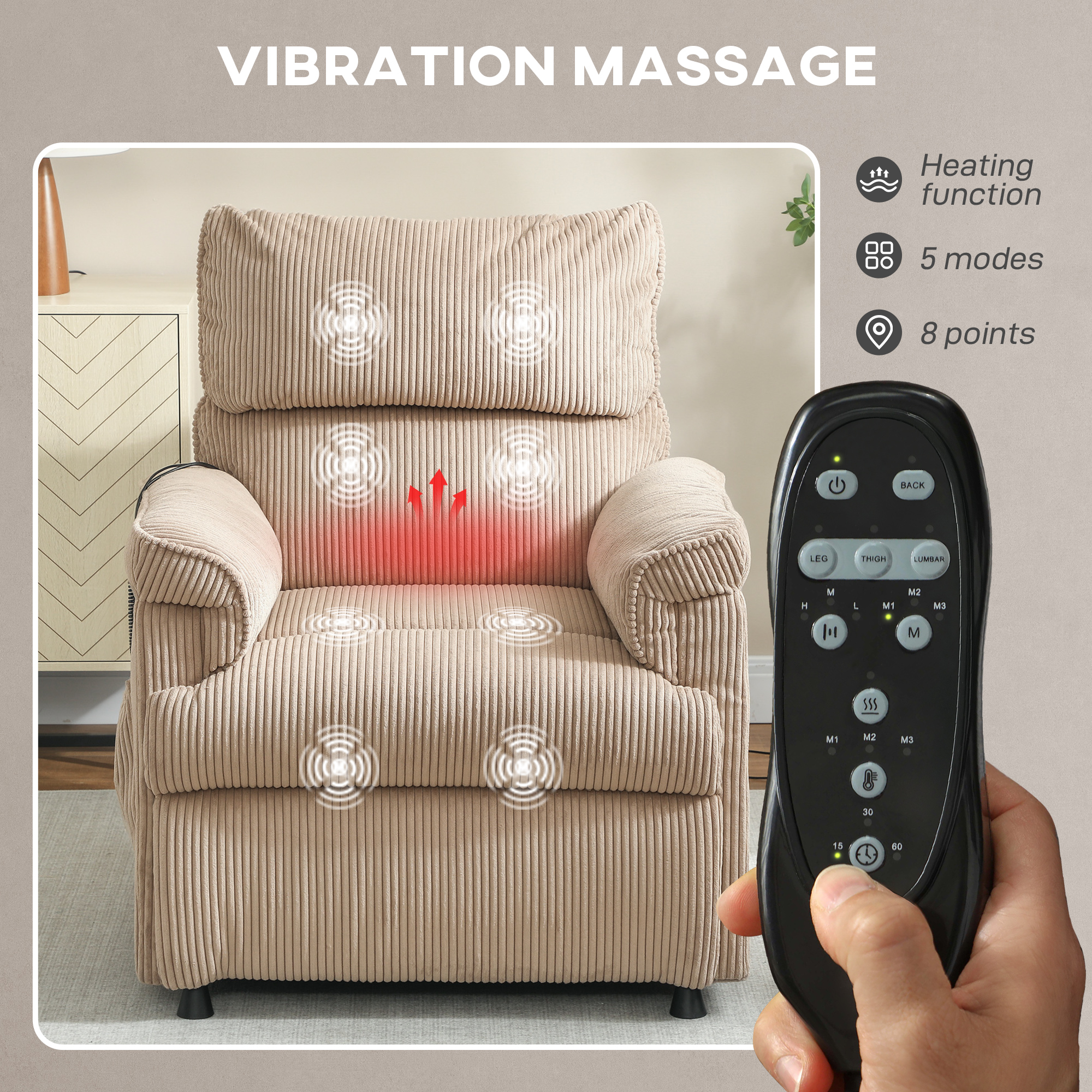 Corduroy Electric Massage Recliner - Brown — image 3