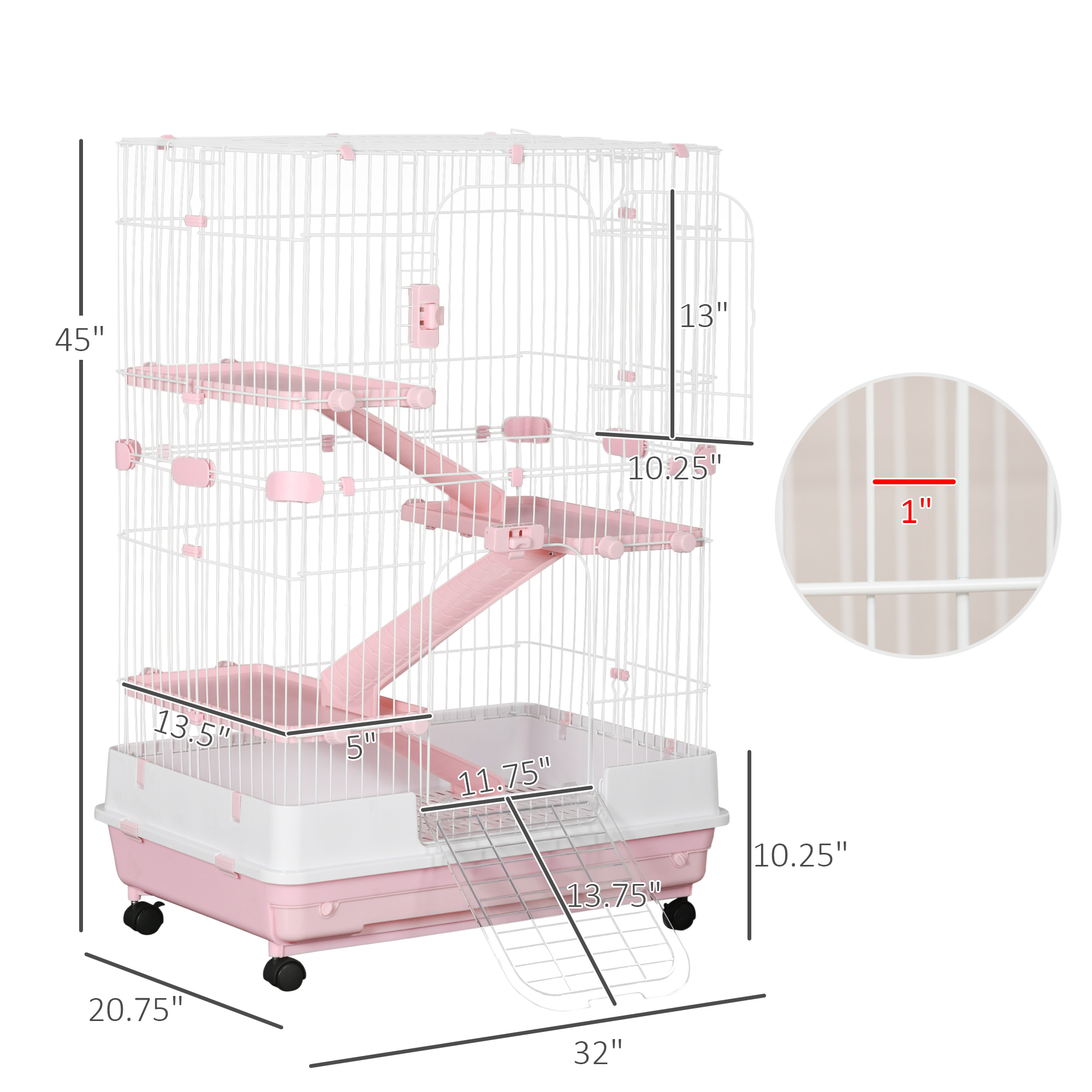 32"L 4-Level Small Animal Cage Rabbit Hutch with Wheels, Slide-out Tray for Bunny, Chinchillas, Ferret, Pink