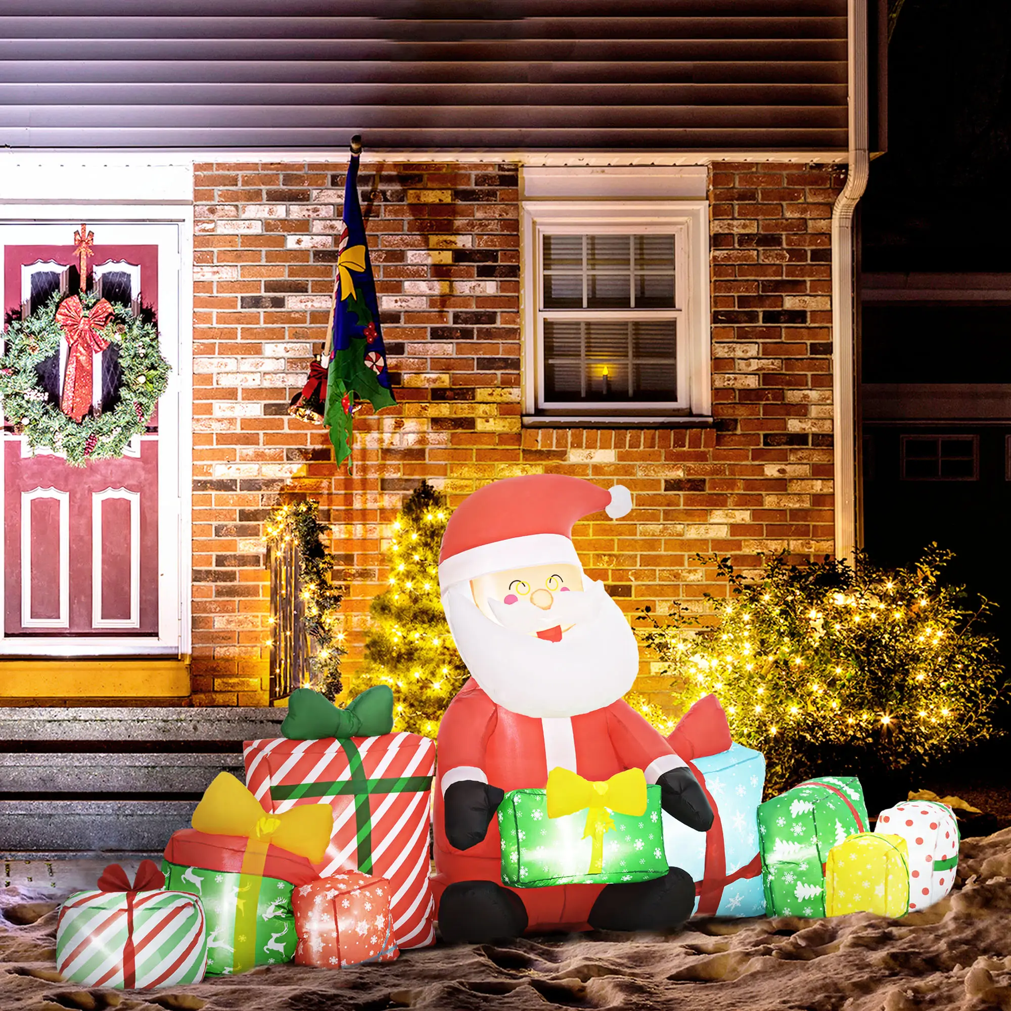 4.4 Inflatable Santa Claus and Gift Boxes w/ White LED Lights, Blow-Up Outdoor Display for Party