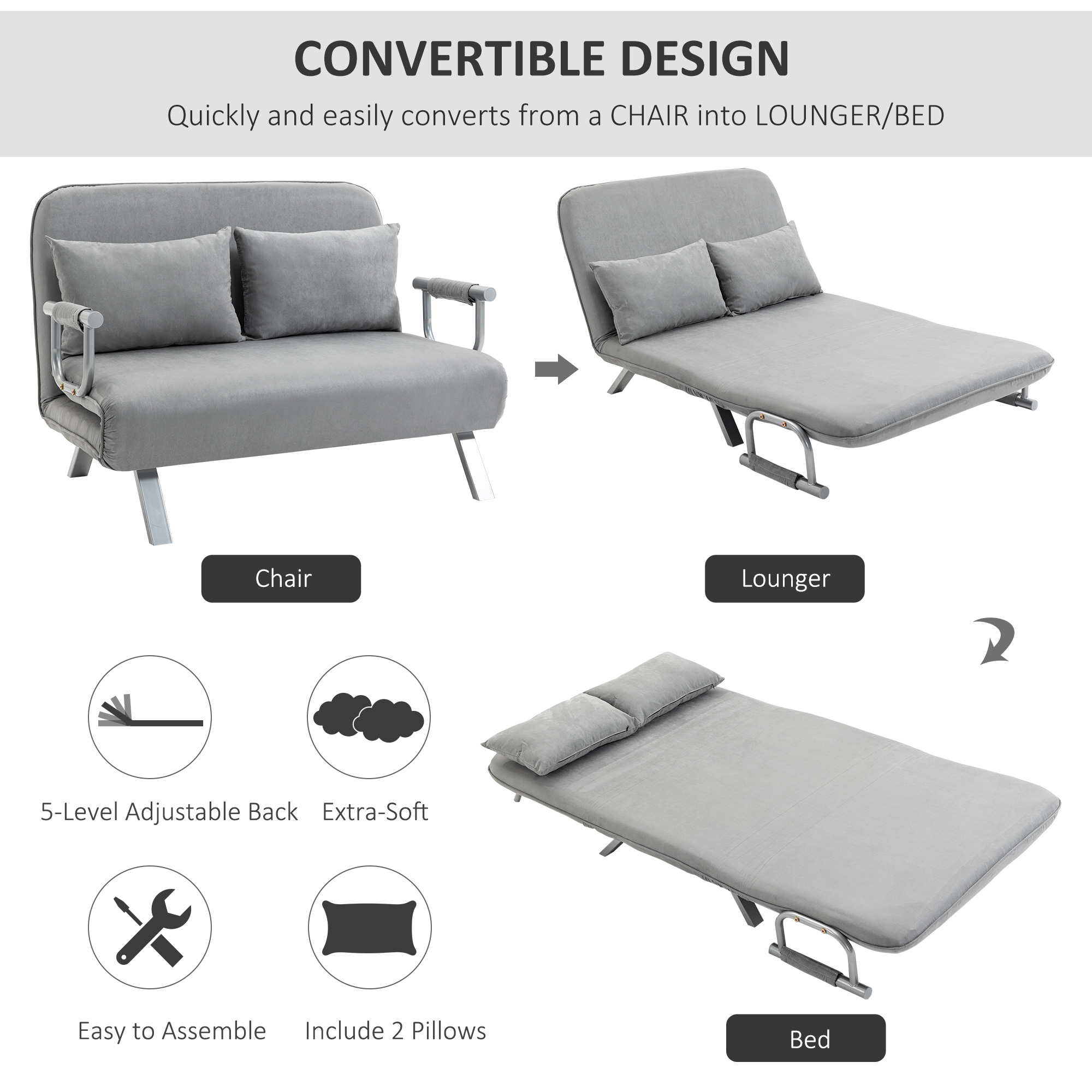 Two-Seater Click-Clack Sofa Bed - Light Grey — image 4