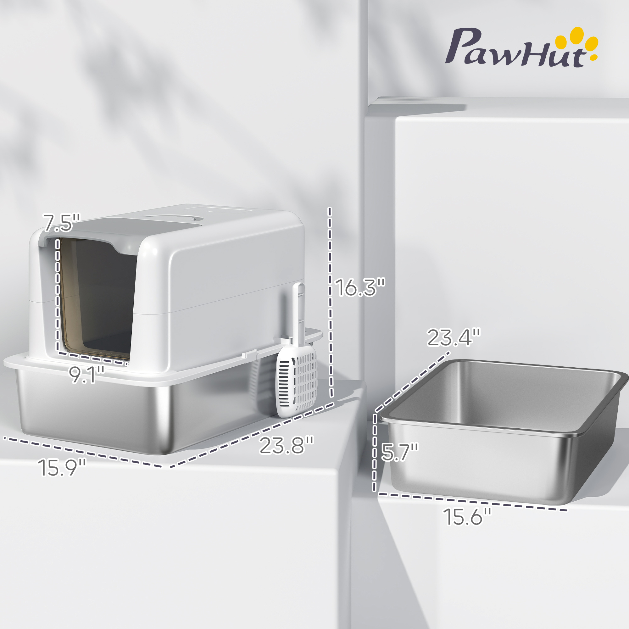  2 in 1 Stainless Steel Cat Litter Box with Removable Lid, Scoop, Filter Bags, for Small to Large Cats, White