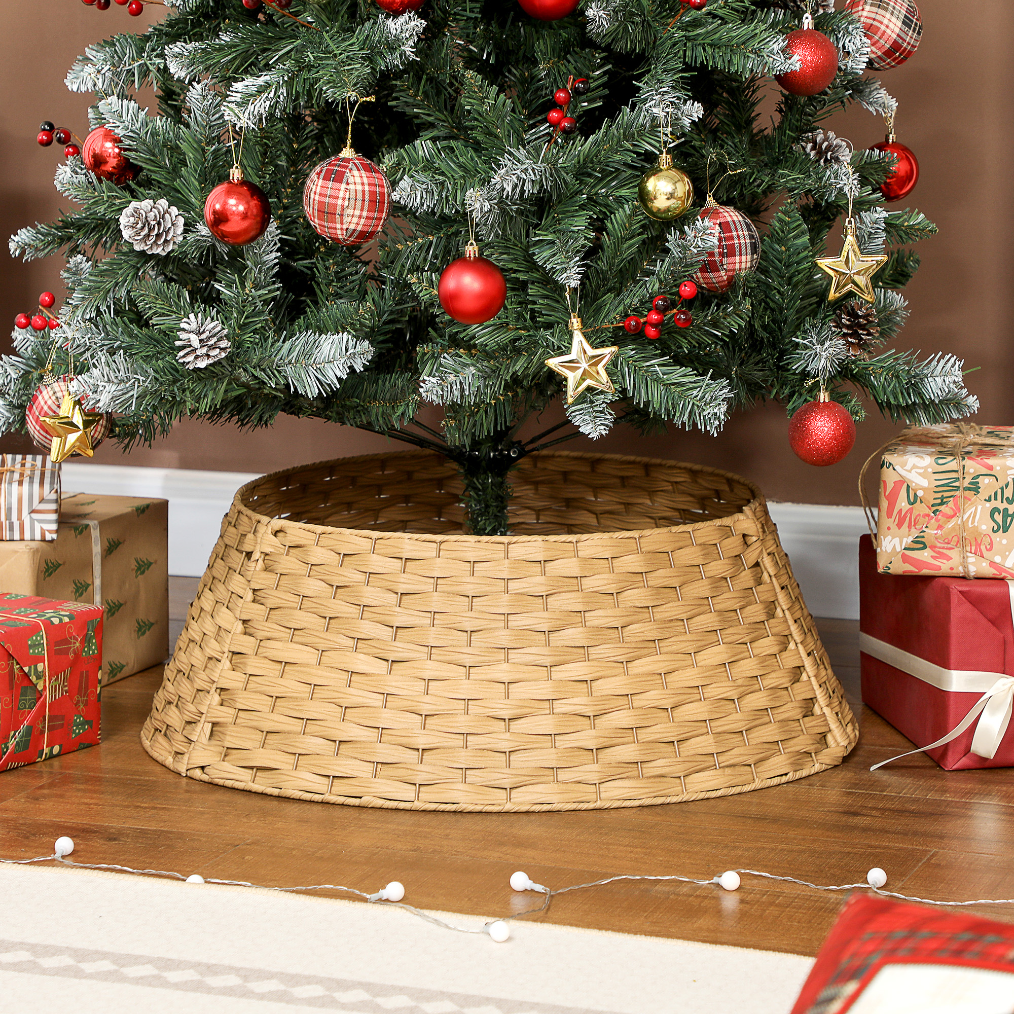  27 inch Rustic Christmas Tree Skirt, Plastic Woven Christmas Tree Collar for Party, Holiday, Home Decoration, Natural