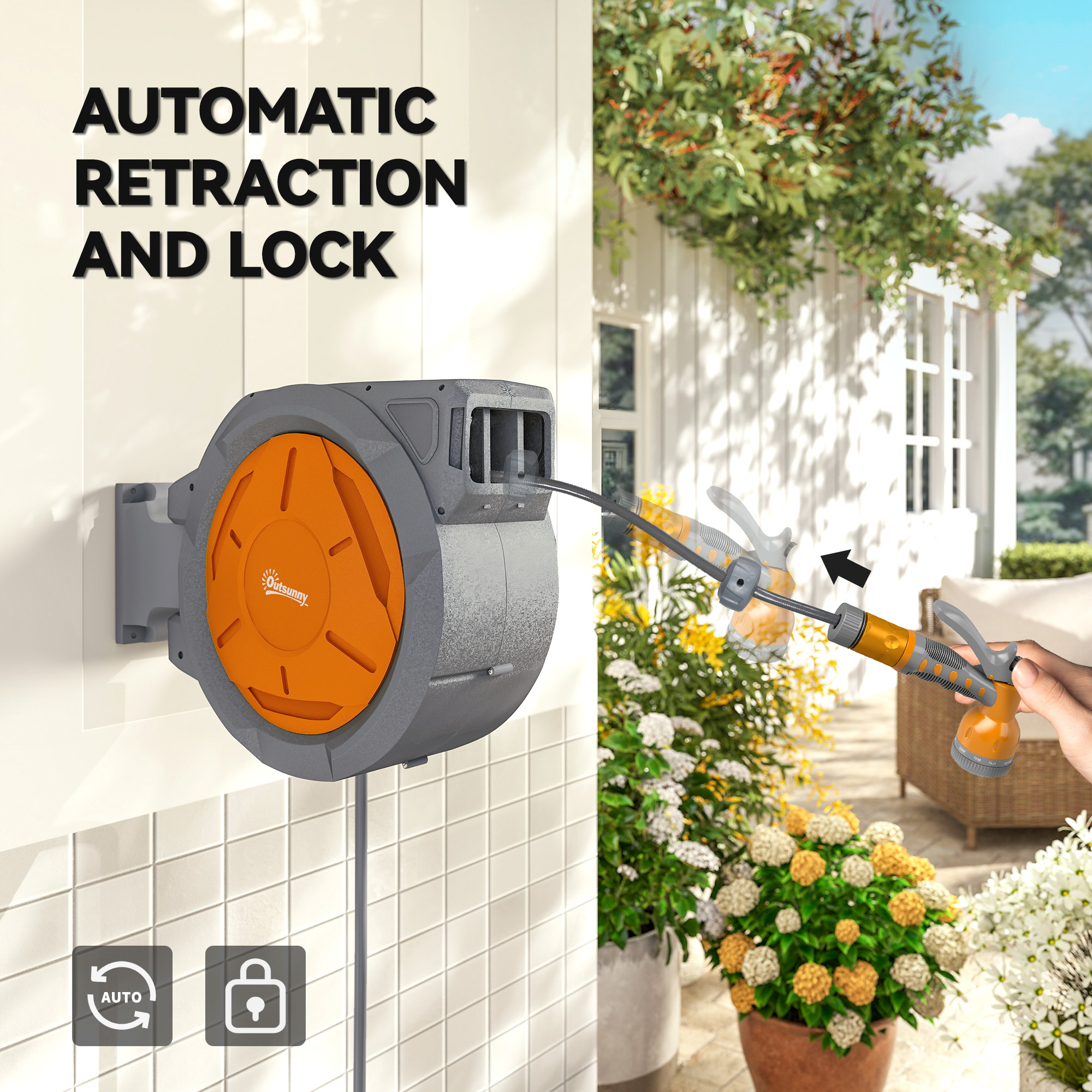 Wall-mounted retractable garden hose reel in orange and grey mounted on exterior wall
