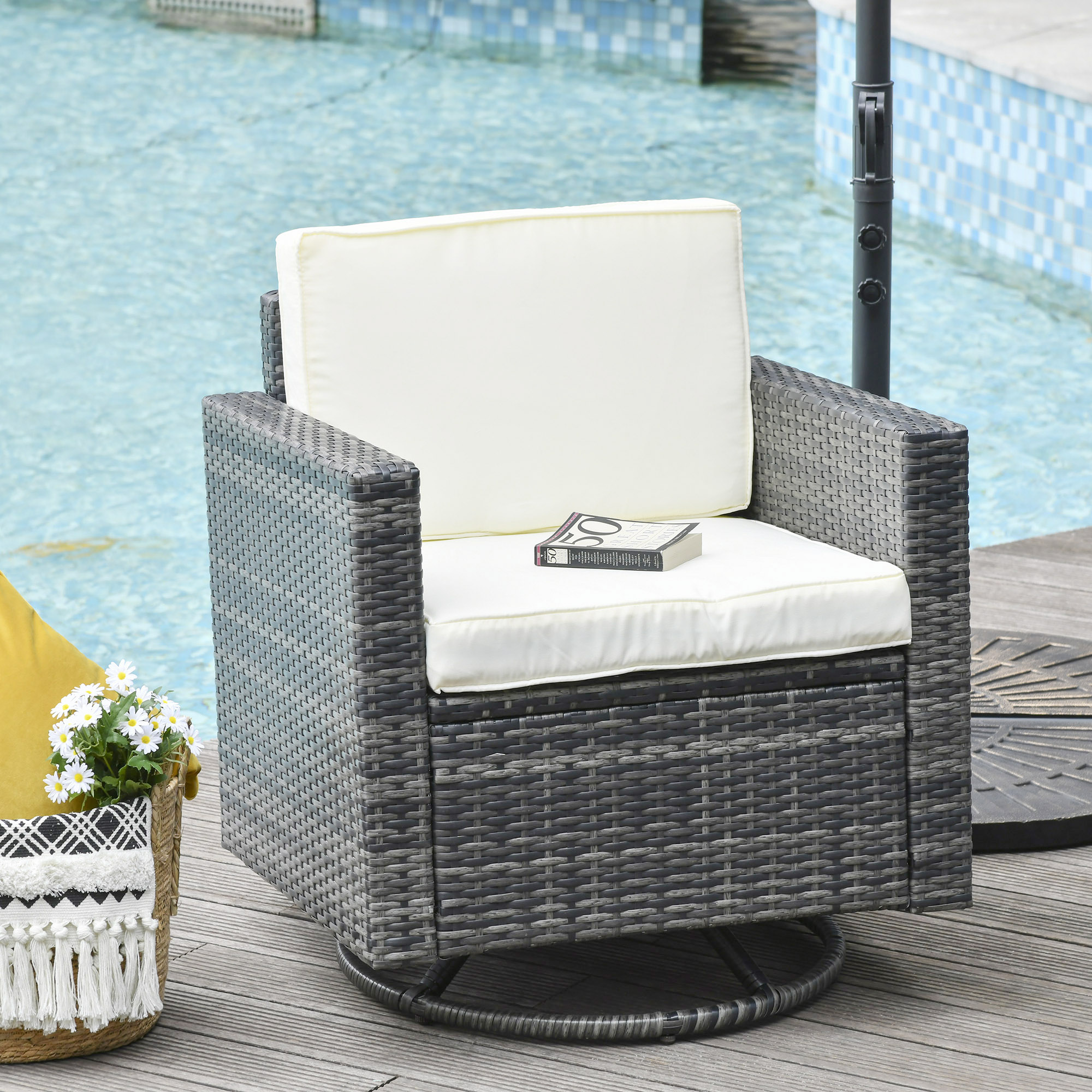 Outdoor Swivel Rocker, PE Wicker Dining Chair, 360 Degree Swivel Patio Glider with Cushions for Backyard, Lawn, Garden, Deck, Porch, Steel Frame, Cream White