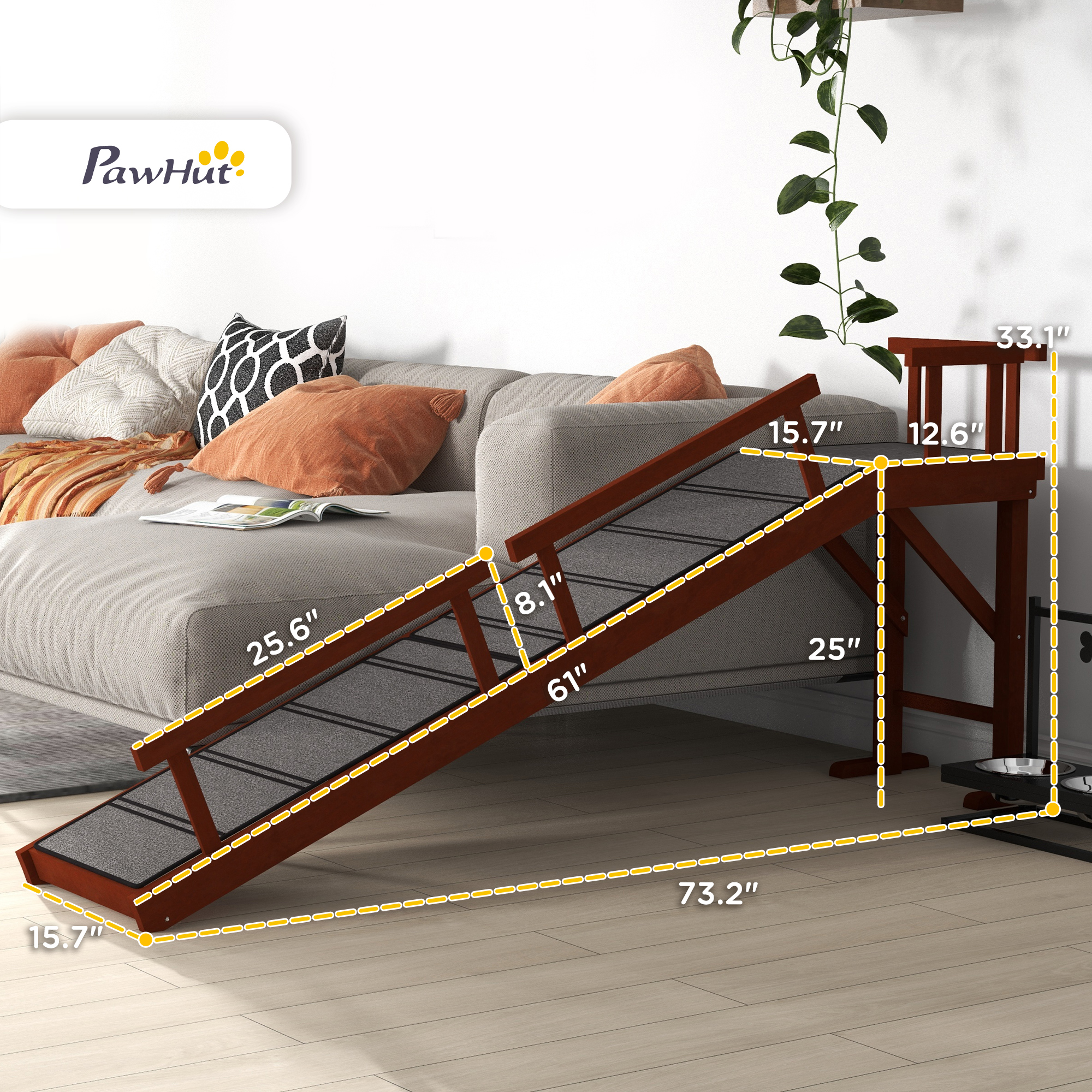  Wooden Dog Ramp with Removable Guardrails, Non-Slip Surface, 73" Long, Brown