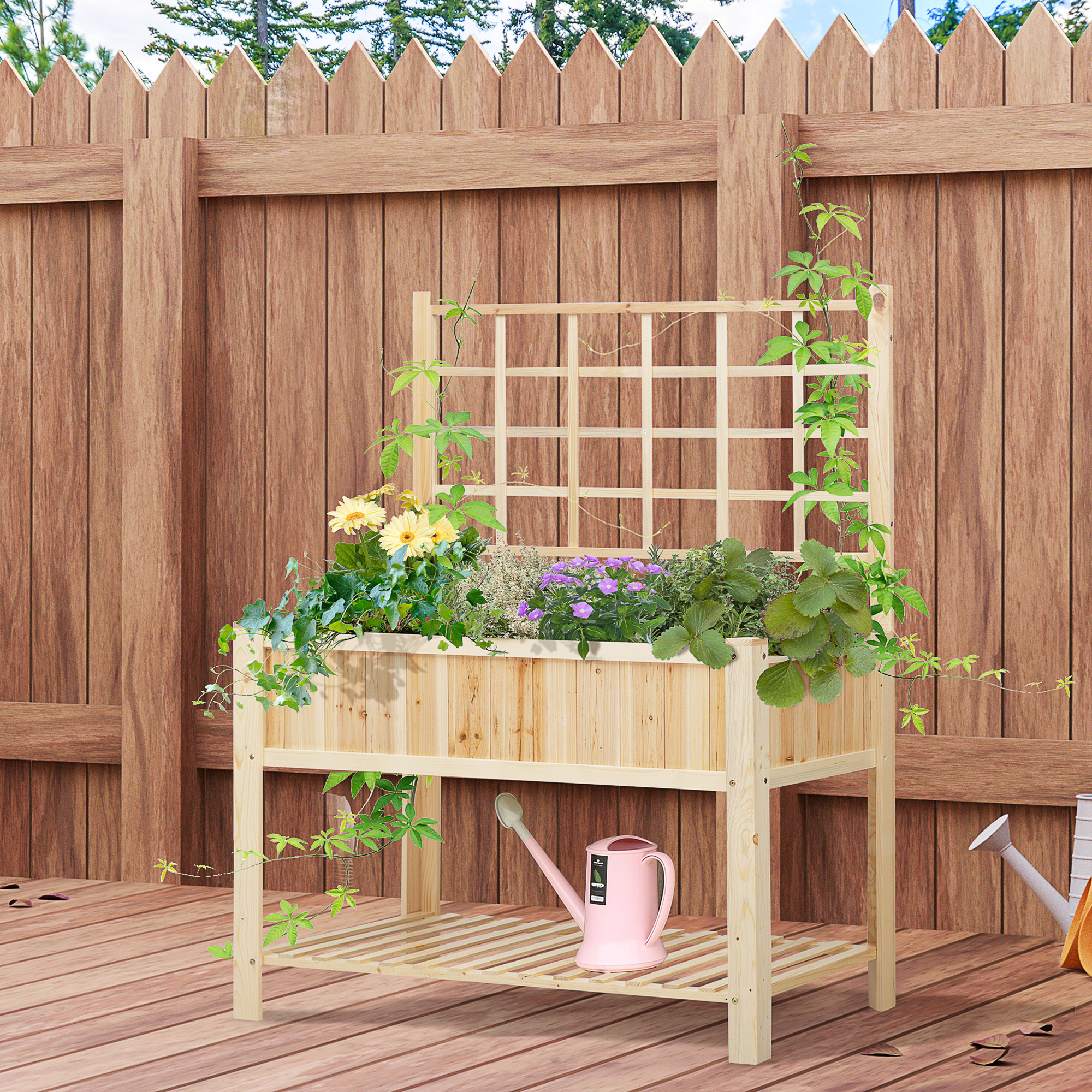 47 Wooden Raised Garden Bed with Trellis, Coutryside Style Elevated Planter Box Stand with Open Storage Shelf, Spacious Planting Area for Vegetables, Herbs, Flowers