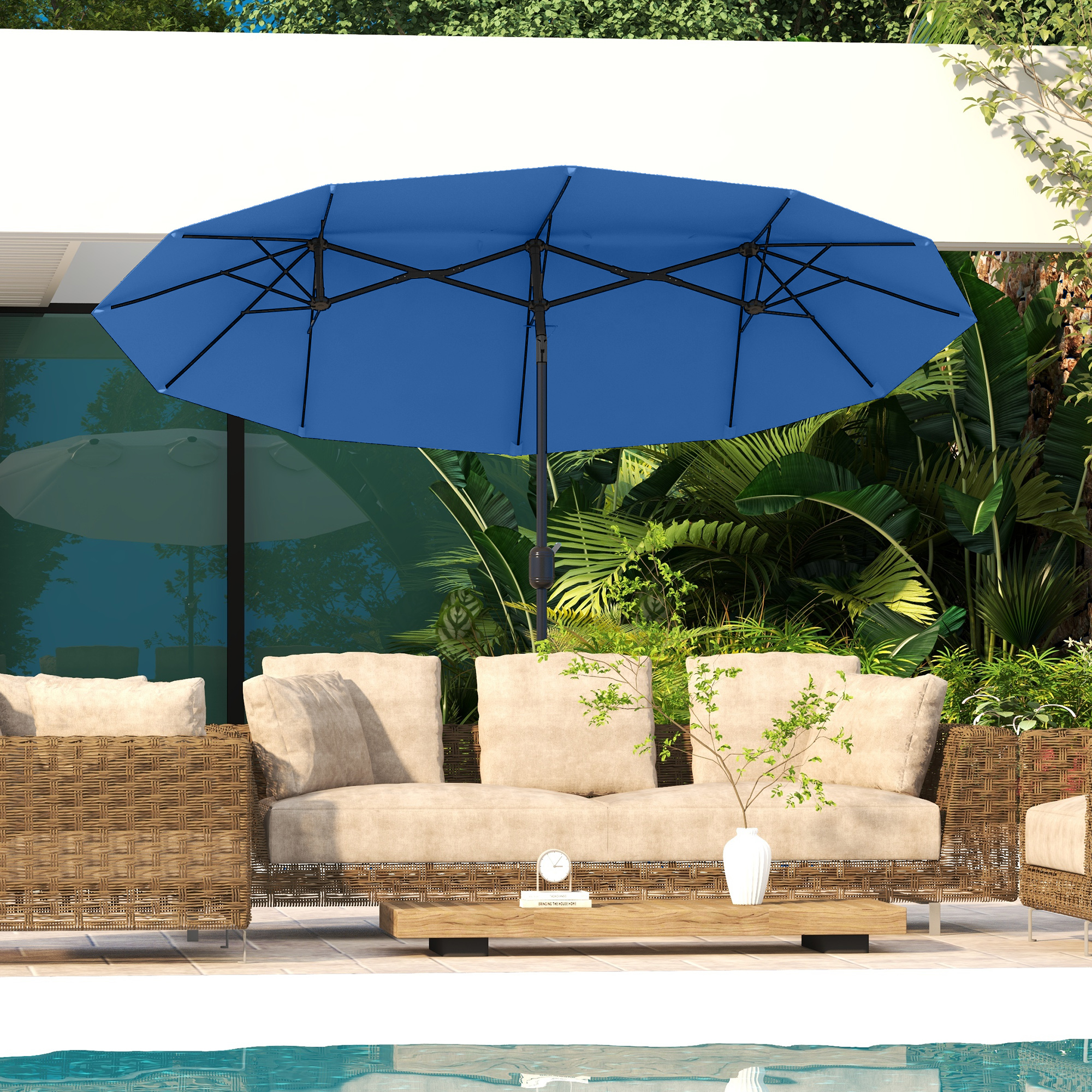 Double-sided Patio Umbrella, 9.5 Outdoor Umbrella with Push Button Tilt and Crank, 3 Air Vents and 12 Ribs, Navy Blue