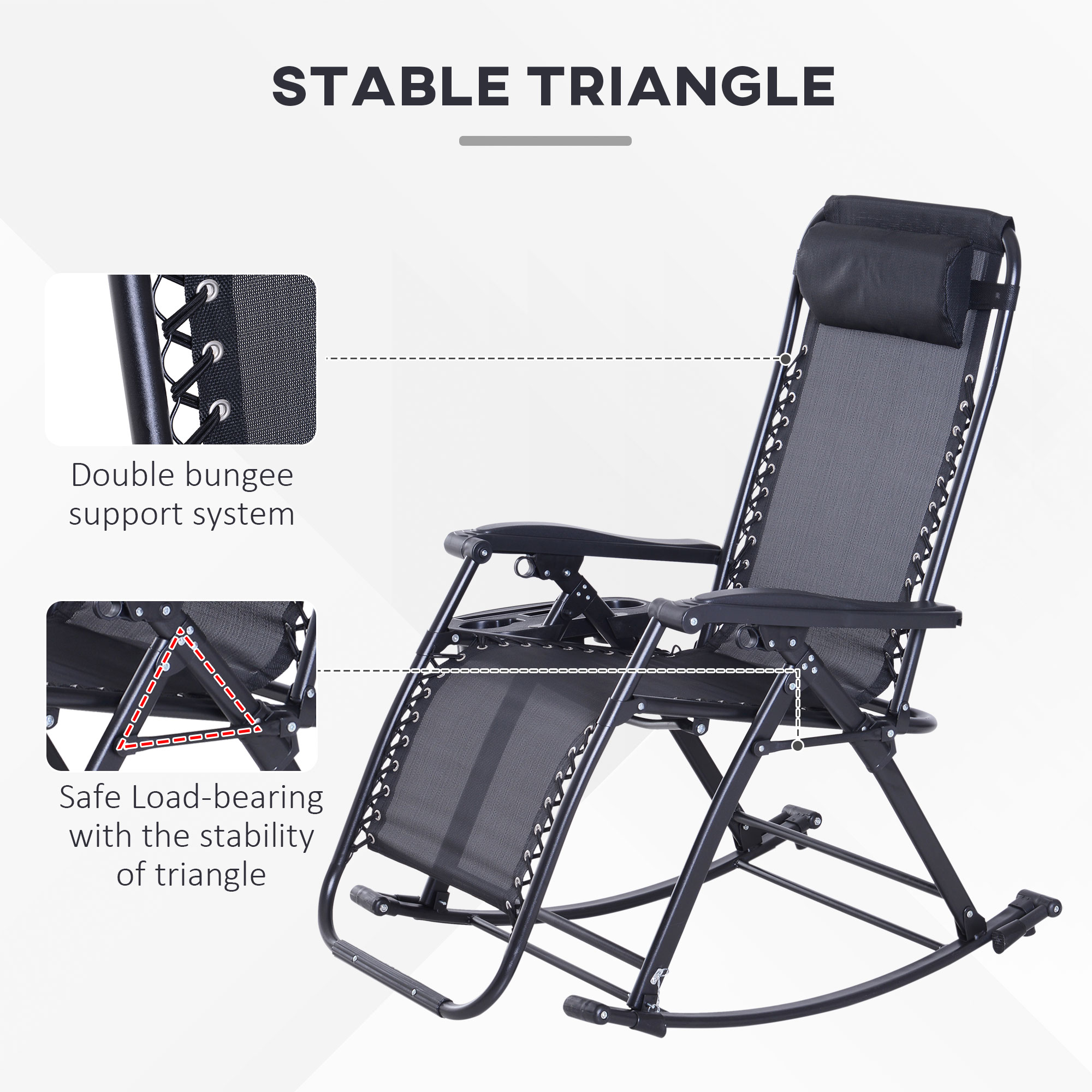  Outdoor Rocking Chairs, Foldable Reclining Zero Gravity Lounge Rocker with Pillow, Cup & Phone Holder, Combo Design with Folding Legs, Black