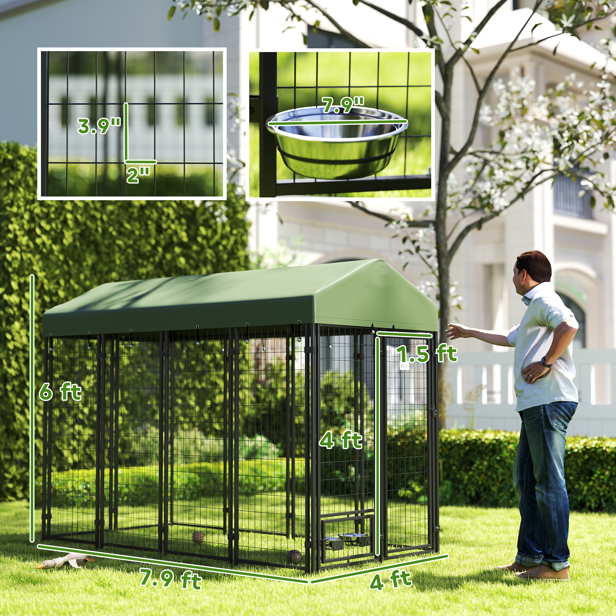  Outdoor Dog Kennel with Rotating Bowl Holders, Pet Playpen with Waterproof Cover, 8' x 4' x 6', Green