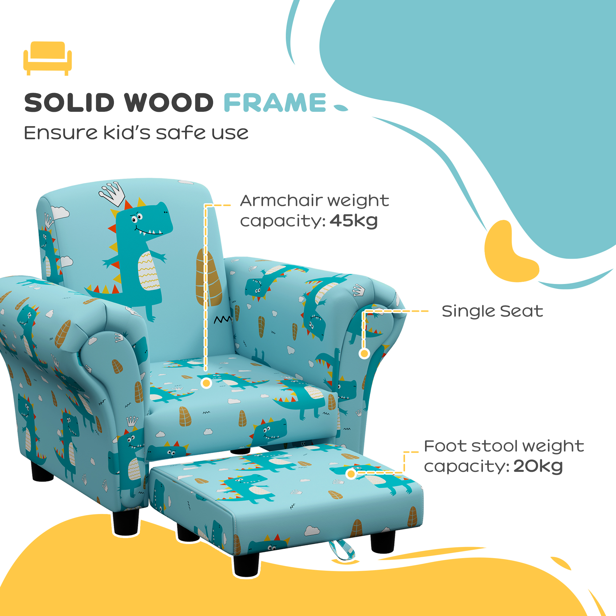2 Piece Kids Sofa Set With Dinosaur Design, Wooden Frame, For 1.5-3 Years Old