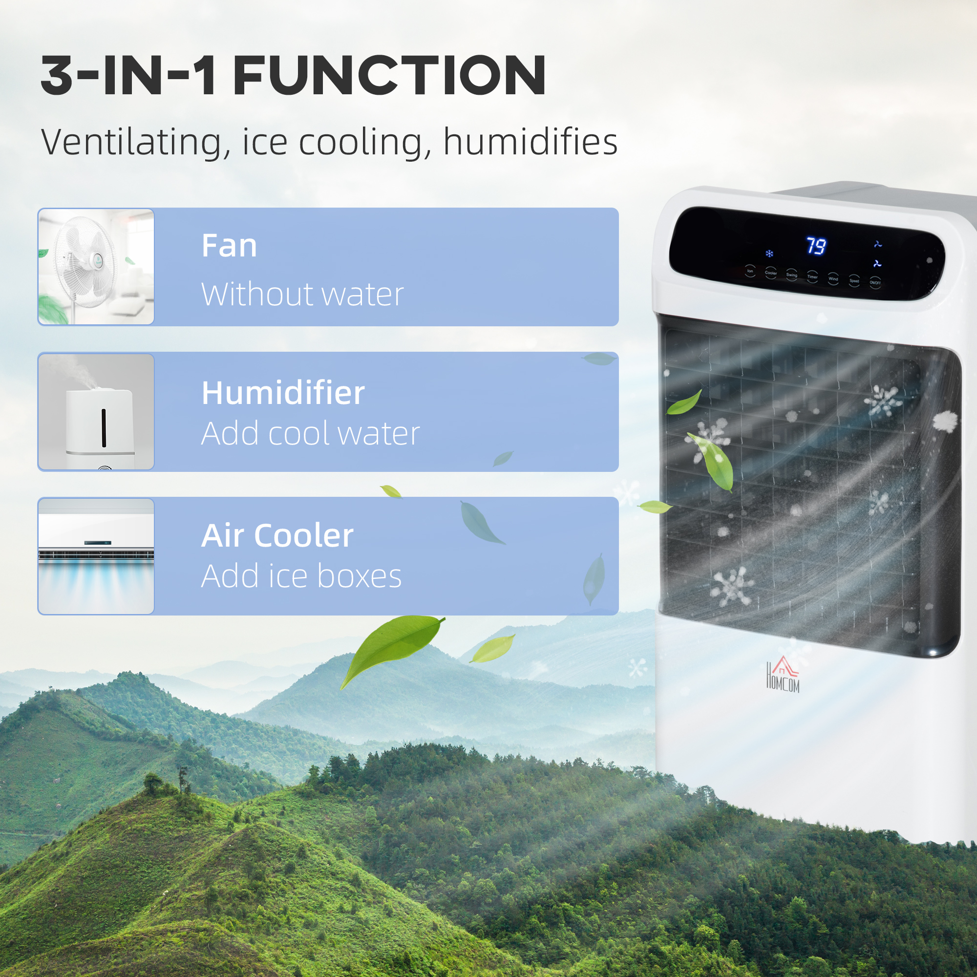  32" Evaporative Air Cooler with 3.2 Gal Water Tank, 60° Oscillating, 3-In-1 Ice Cooling Fan, Portable Swamp Cooler with Humidifier for Home Office, 3 Modes, 3 Speeds, 12H Timer, Remote, Whit