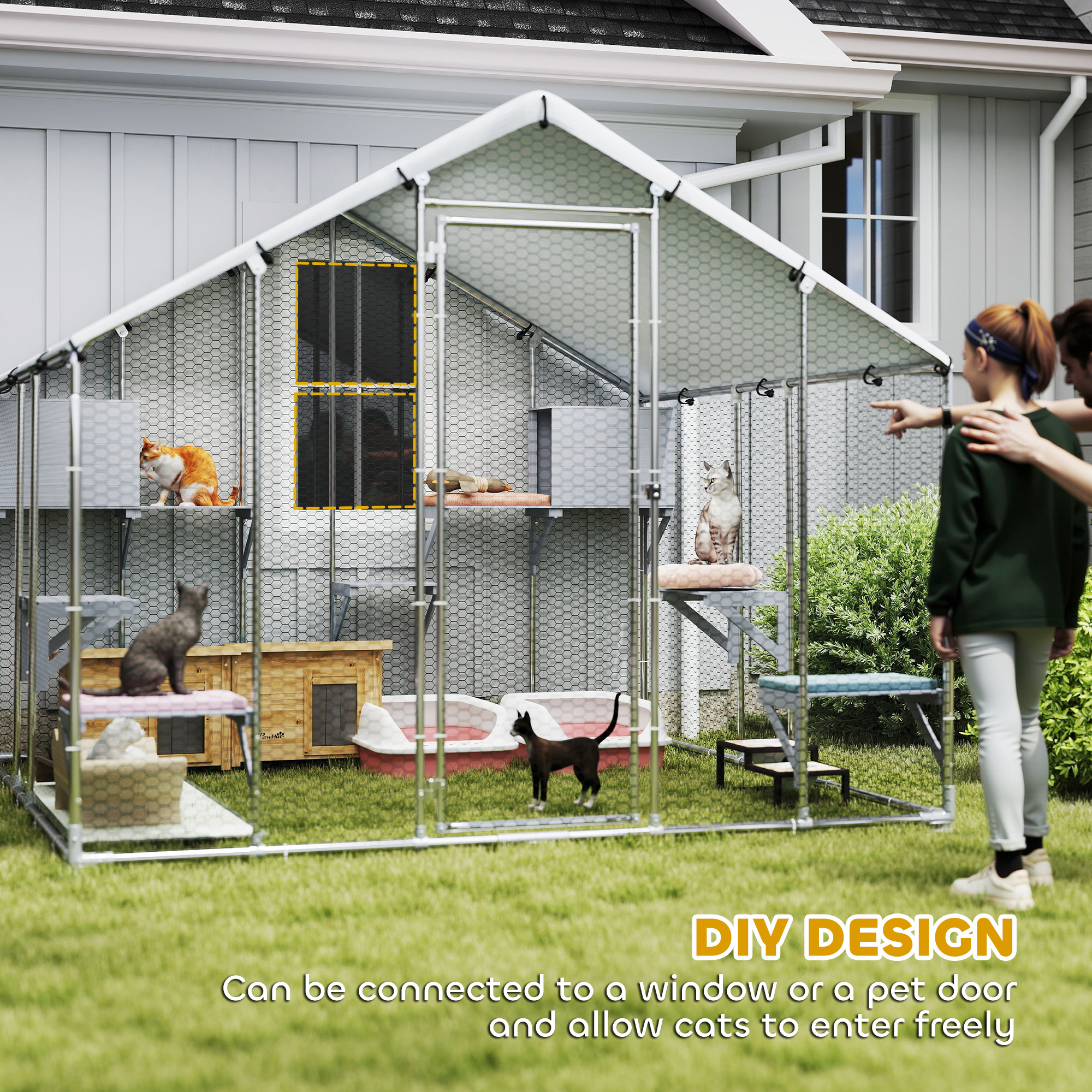  94.5" Extra Large Metal Outdoor Catio with Waterproof Cover, 2 Resting Boxes, 7 Jumping Platforms, for Multiple Cats