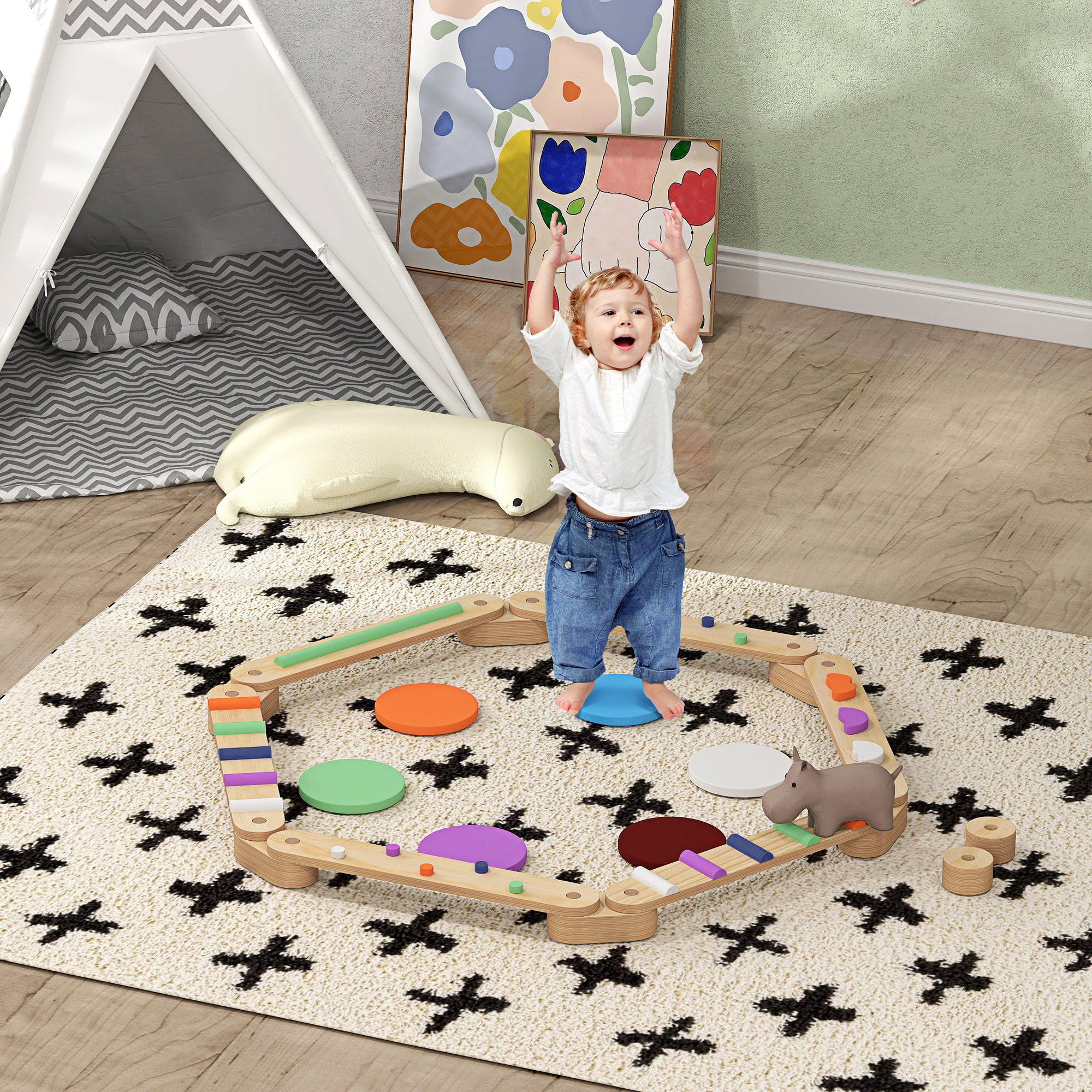 Kids Balance Beam, Wooden Balance Board with Stepping Stone for 3-8 Years