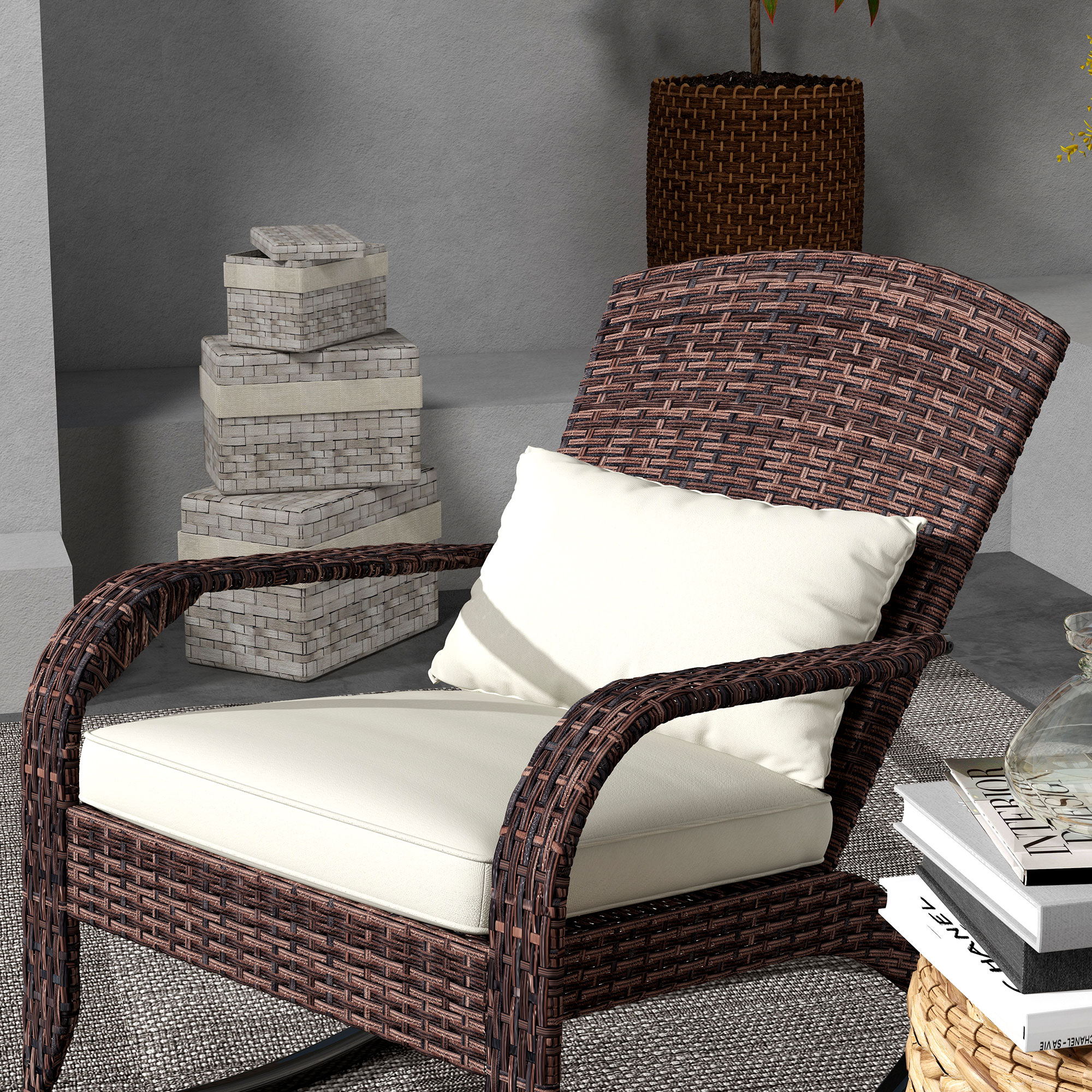  Adirondack Chair, Outdoor Wicker Rocking Chair with High Back, Seat Cushion, and Pillow for Porch, Balcony, Cream White