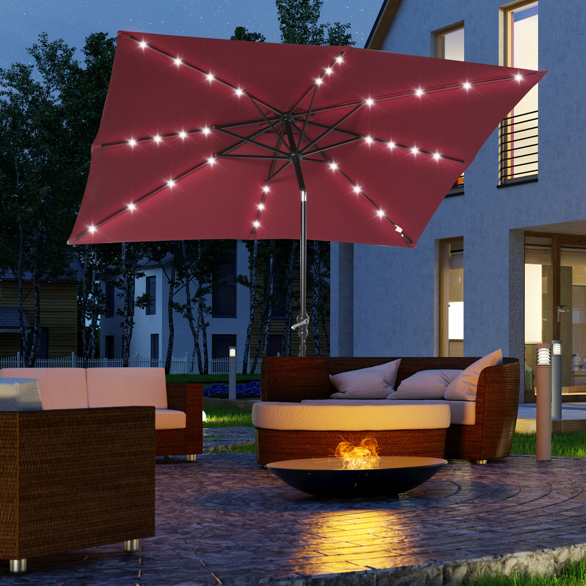 9 x 7 Solar Umbrella, LED Lighted Patio Umbrella for Table or Base with Tilt & Crank, Outdoor Umbrella for Garden, Deck, Backyard, Pool, Beach, Wine Red