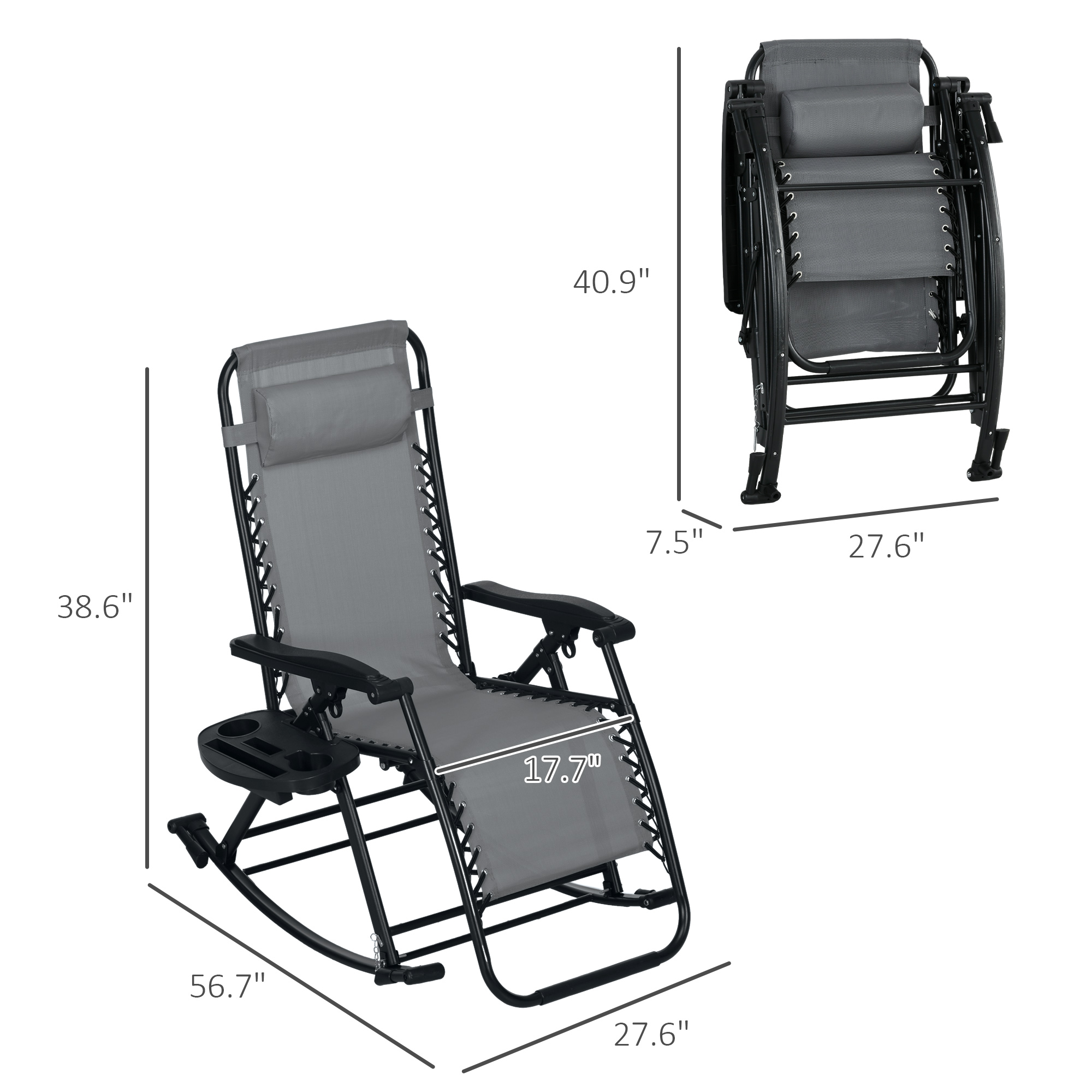  2 Outdoor Rocking Chairs Foldable Reclining Zero Gravity Lounge Rockers w/ Pillow Cup & Phone Holder, Gray