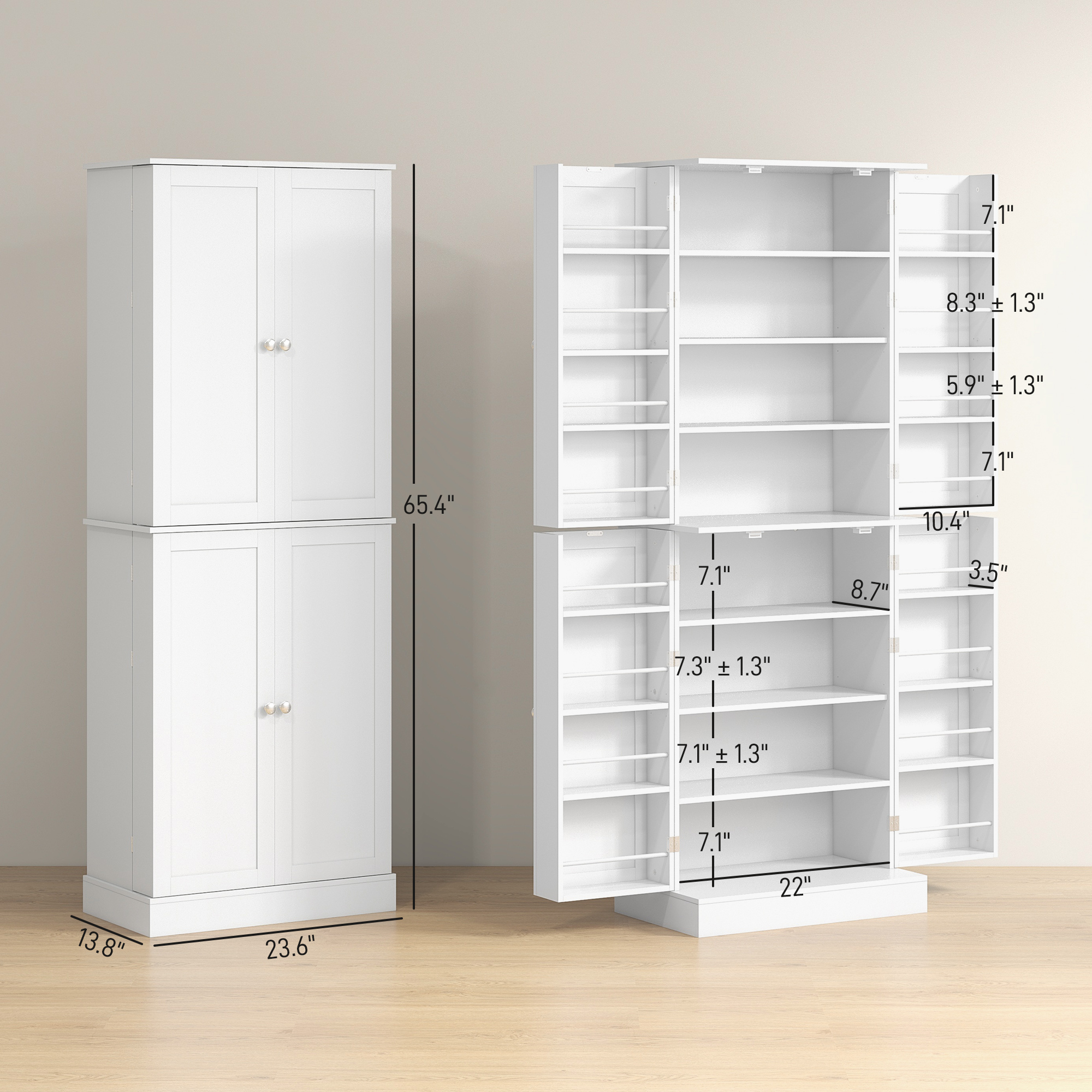 65" Kitchen Cabinet, Kitchen Pantry Cabinet with 4 Doors and 16 Door Shelves for Dining Room, White - 3