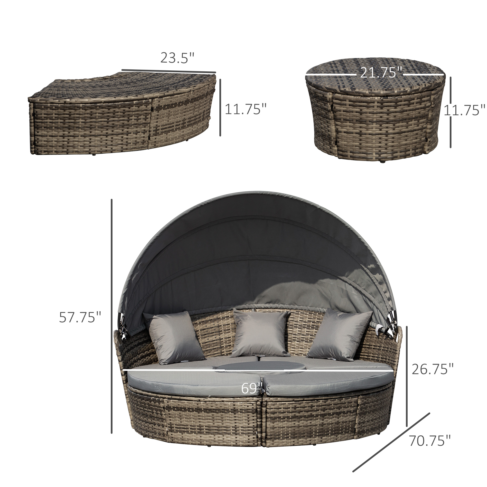  4-Piece Round Convertible Daybed with Cushions, Outdoor PE Rattan Patio Wicker Sofa Set, Sunbed with Adjustable Sun Canopy, Sectional Sofa, 2 Chairs, Table, 3 Pillows, Gray