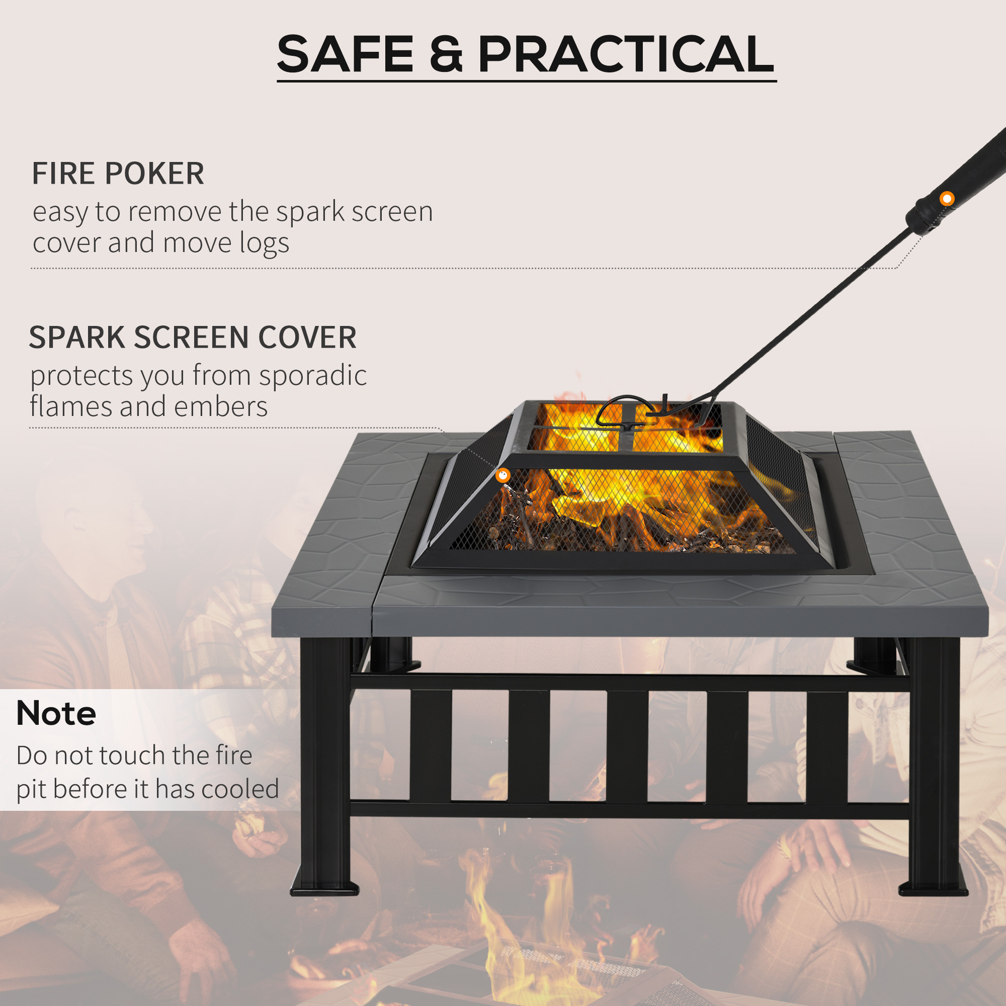  34" Outdoor Fire Pit Square Steel Wood Burning Firepit Bowl with Spark Screen, Waterproof Cover, Log Grate, Poker for Backyard, Camping, BBQ, Bonfire