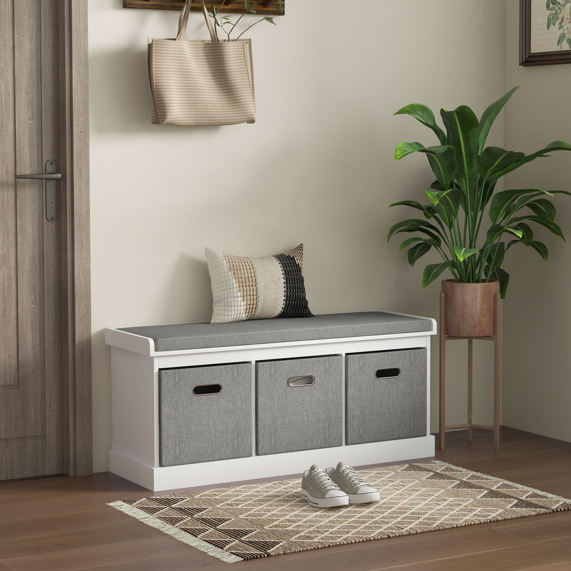 Three-Drawer Shoe Storage Bench, With Padded Top Seat - White — image 2