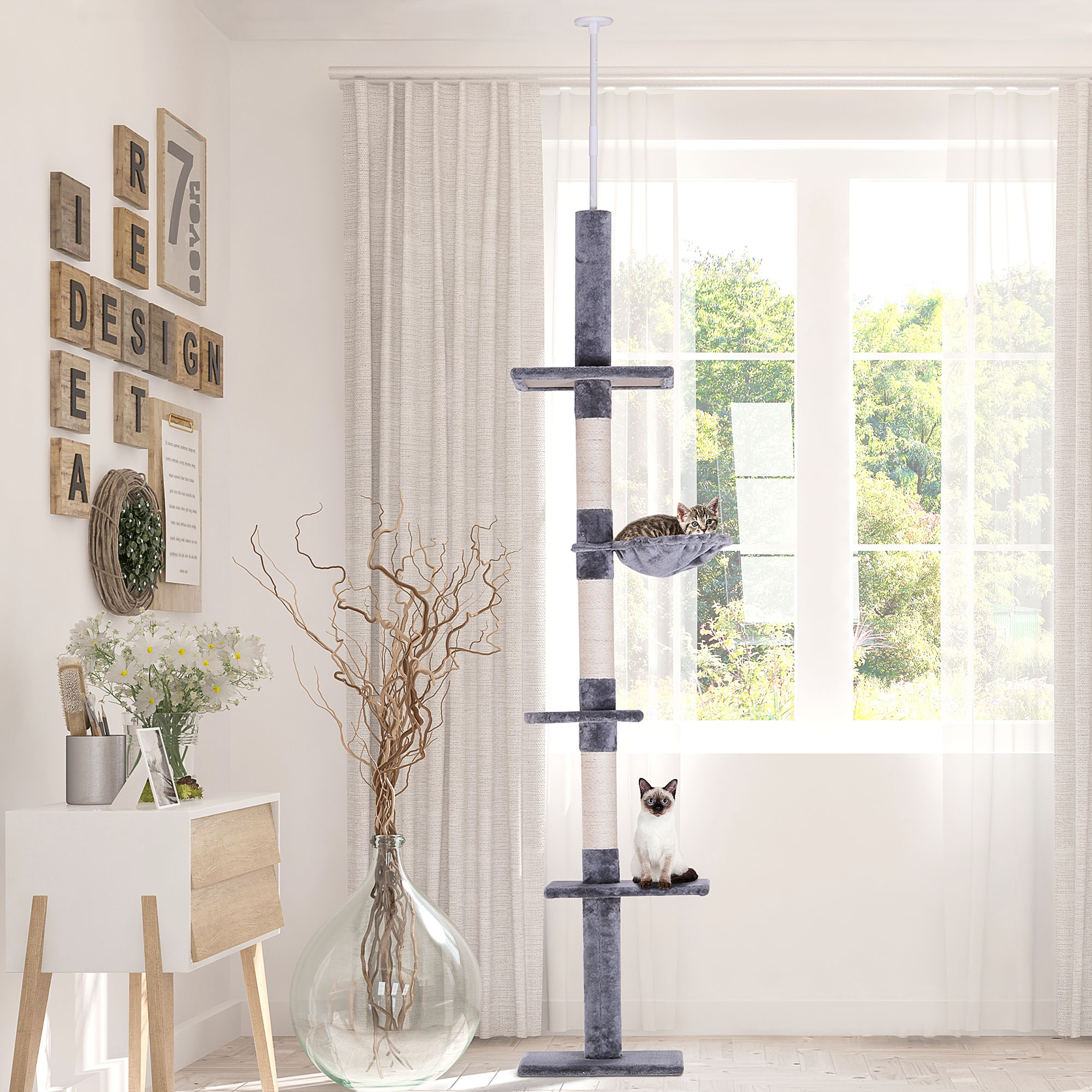  102" Adjustable Height Floor to Ceiling Cat Tree, 5 Level Cat Tower with Scratching Posts, Hammock, Gray