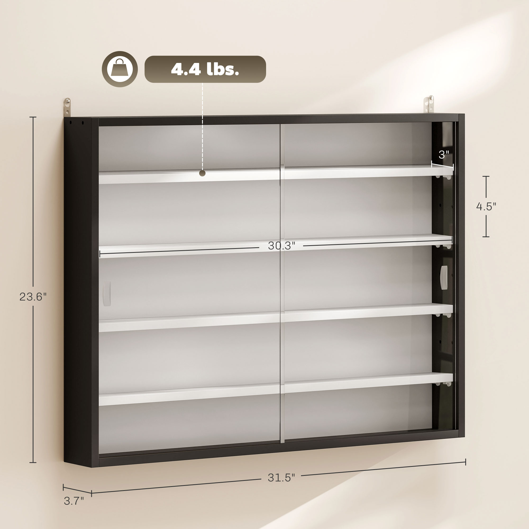 5-Tier Display Cabinet, Wall-Mounted Display Case with 2 Glass Doors and Adjustable Shelves, Black image 2