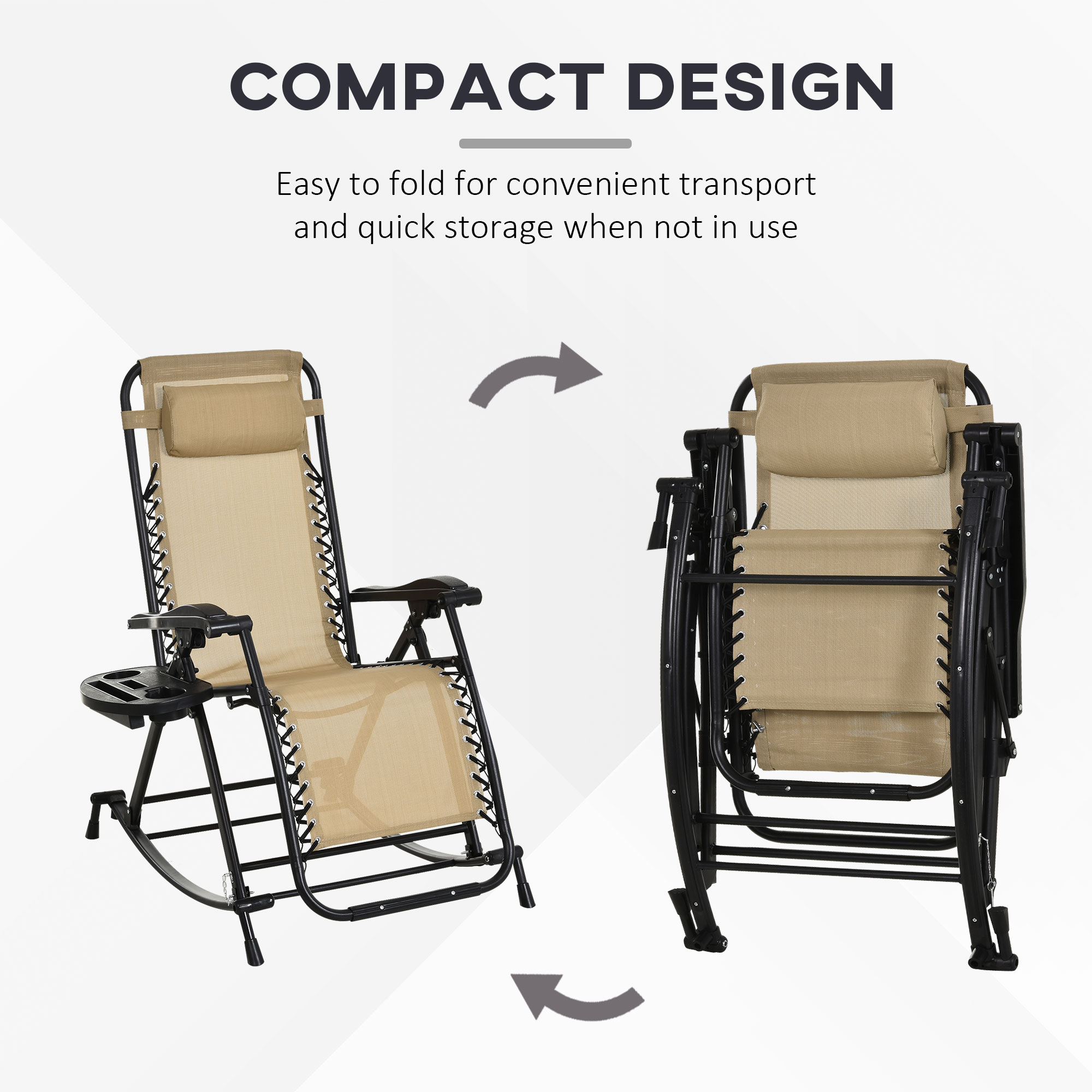  2 Outdoor Rocking Chairs Foldable Reclining Zero Gravity Lounge Rockers w/ Pillow Cup & Phone Holder, Beige