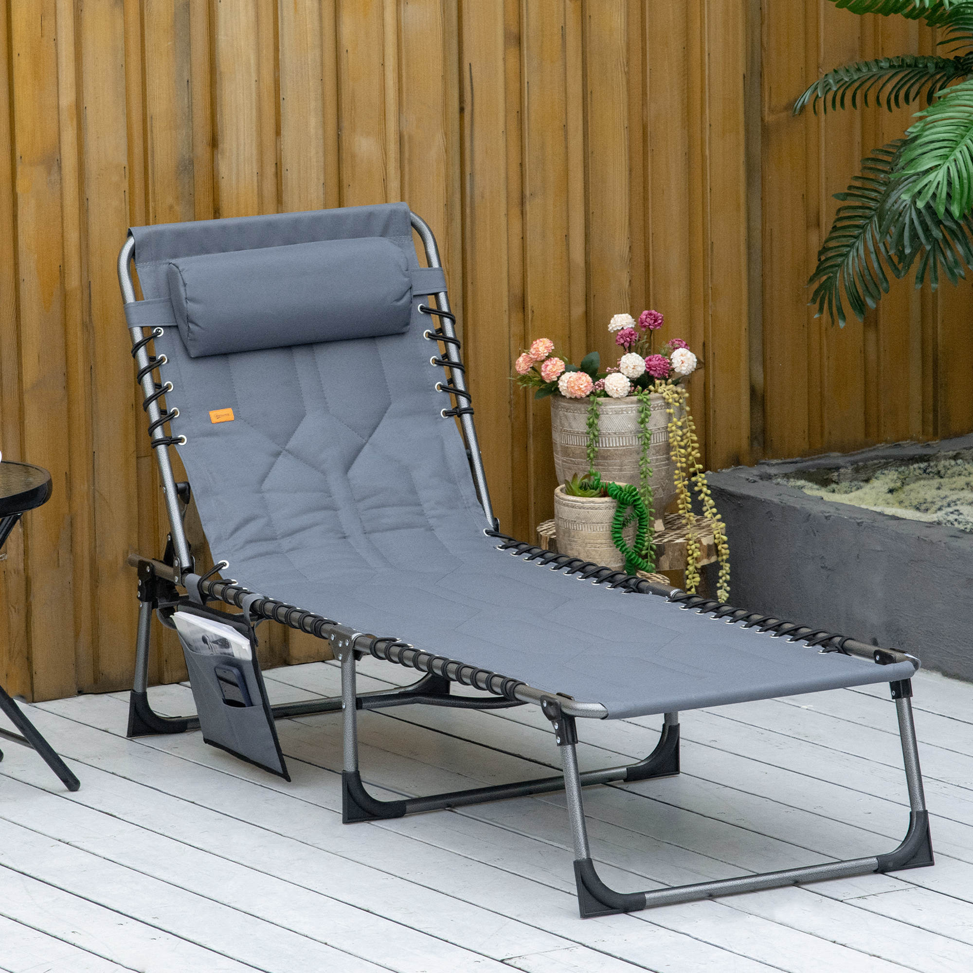 Padded Folding Chaise Lounge Chair, Outdoor 6-Level Reclining Camping Tanning Chair with Headrest for Beach, Yard, Patio, Pool, Gray