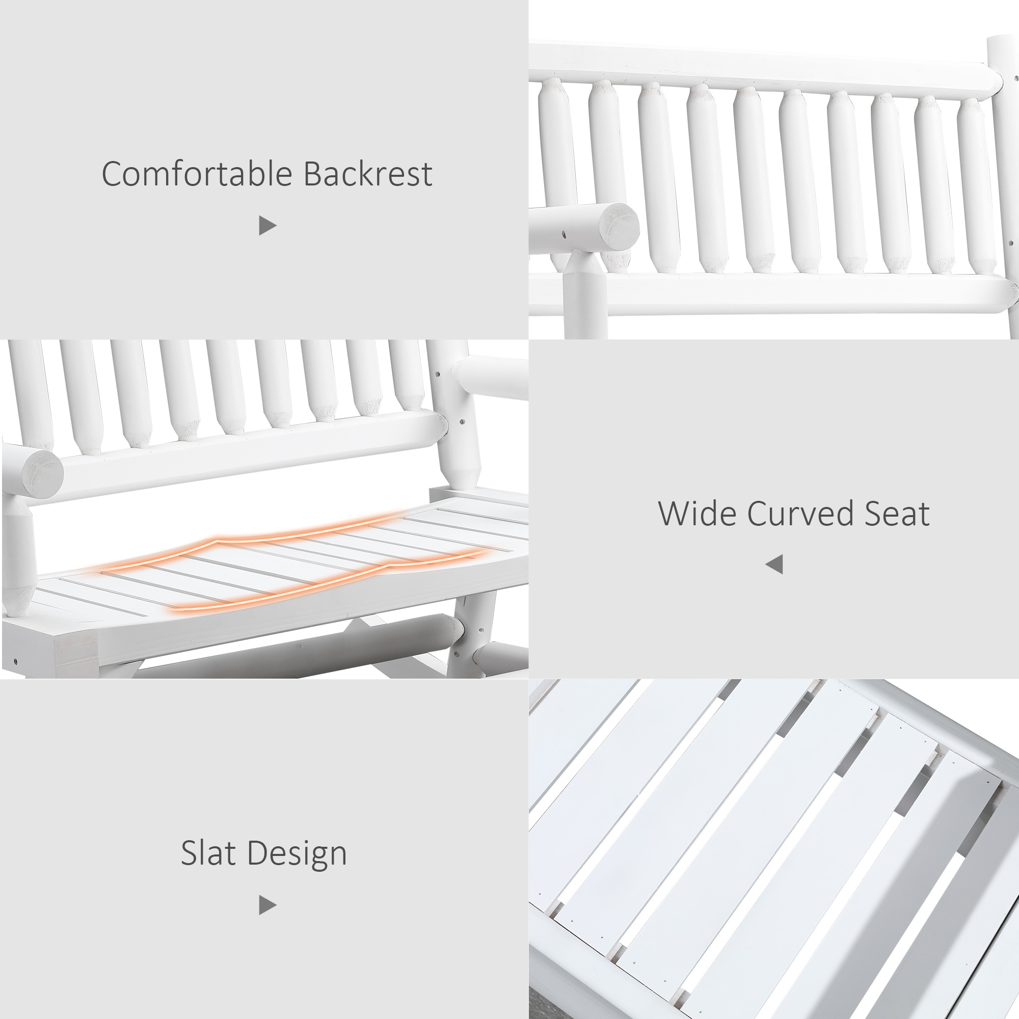 2-Person Wood Rocking Chair with Log Design, Heavy Duty Loveseat with Wide Curved Seats for Patio, Backyard, Garden, White